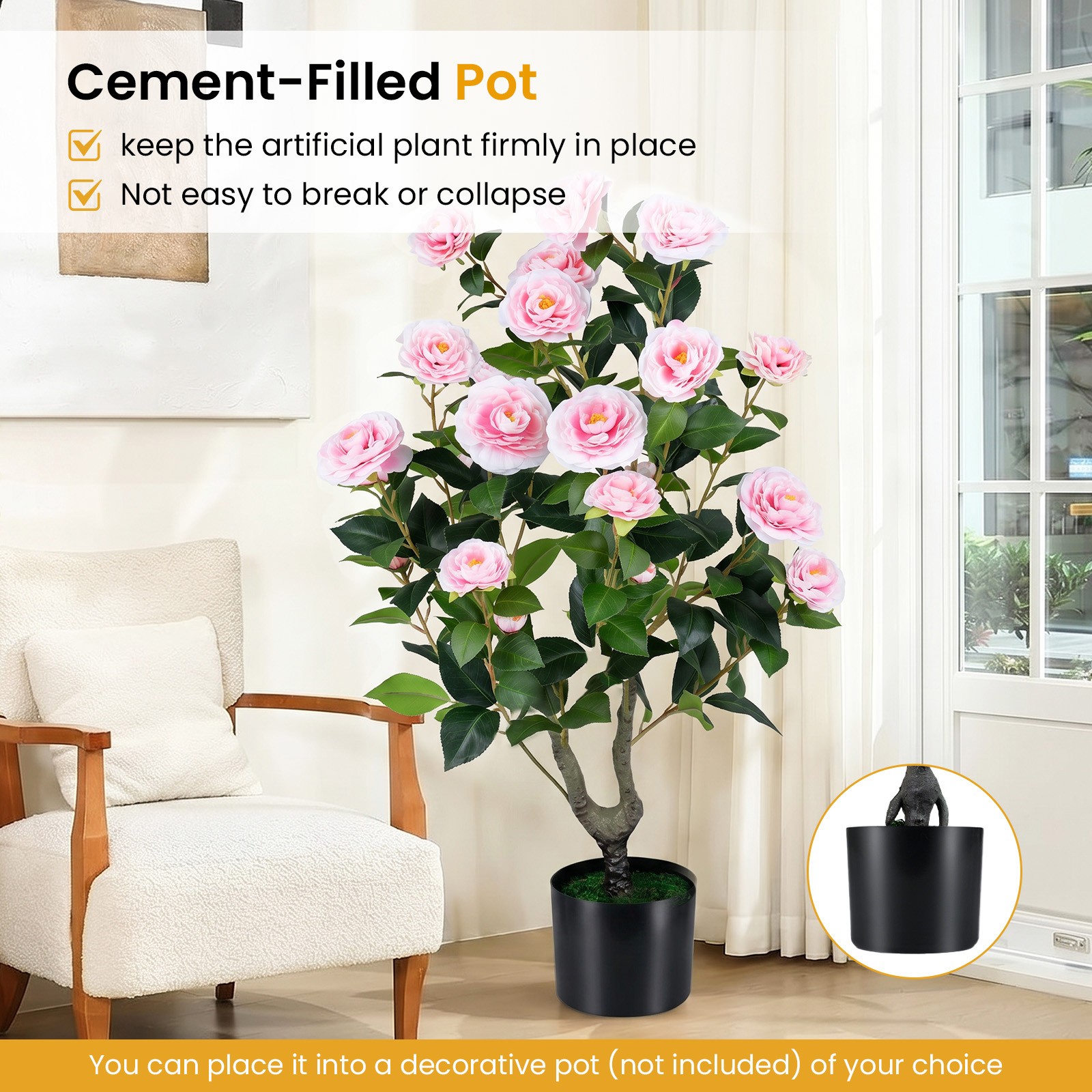Artificial Camellia Tree, Faux Flower Plant in Cement-Filled Pot, Indoor Outdoor