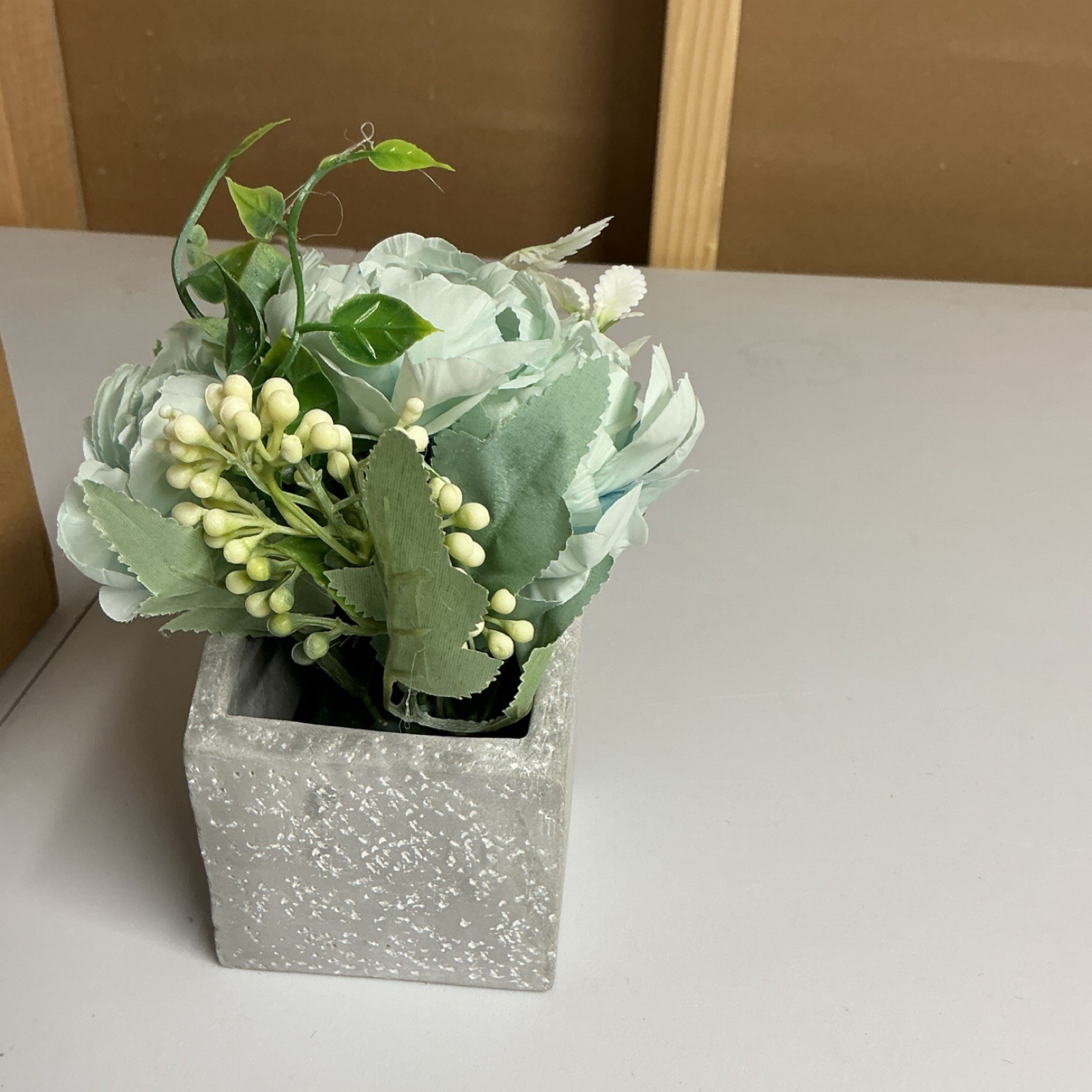 Artificial Floral Arrangement in Gray House Planter Pot with Greenery Plastic