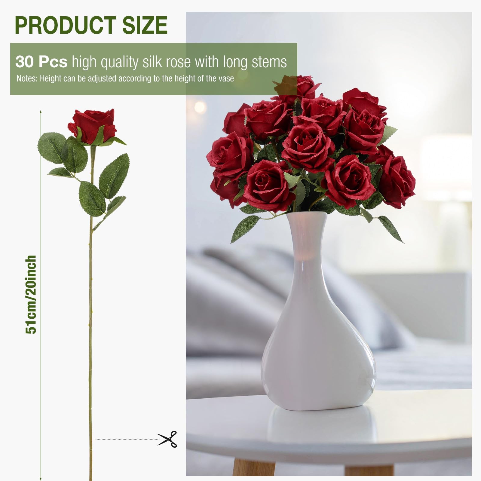 30 Pcs Rose Artificial Flowers in Bulk Lifelike Long Stem Silk Roses Bouquets…