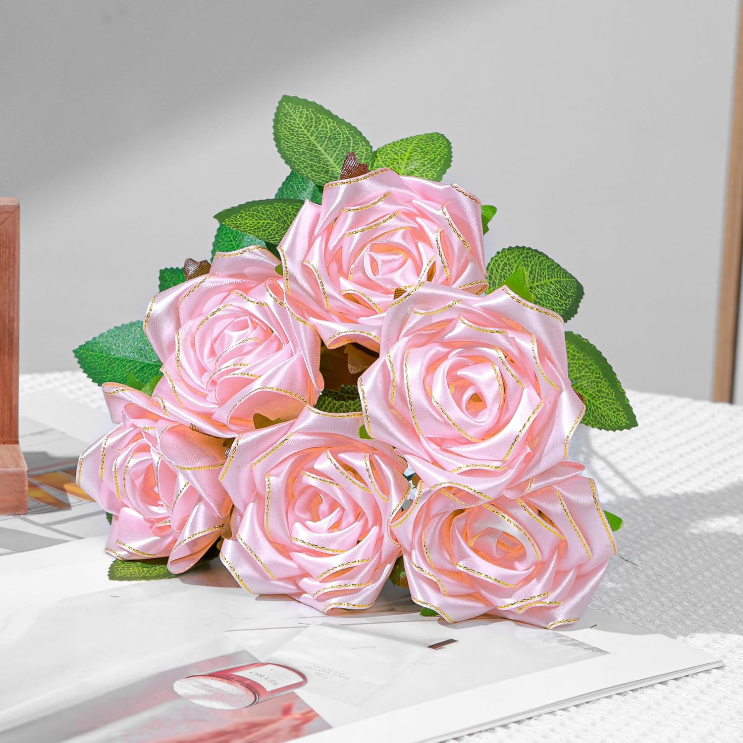DIY Luxury Forever Flowers: 300Pcs Baby Pink Satin Petals with Elegant Gold Edgi