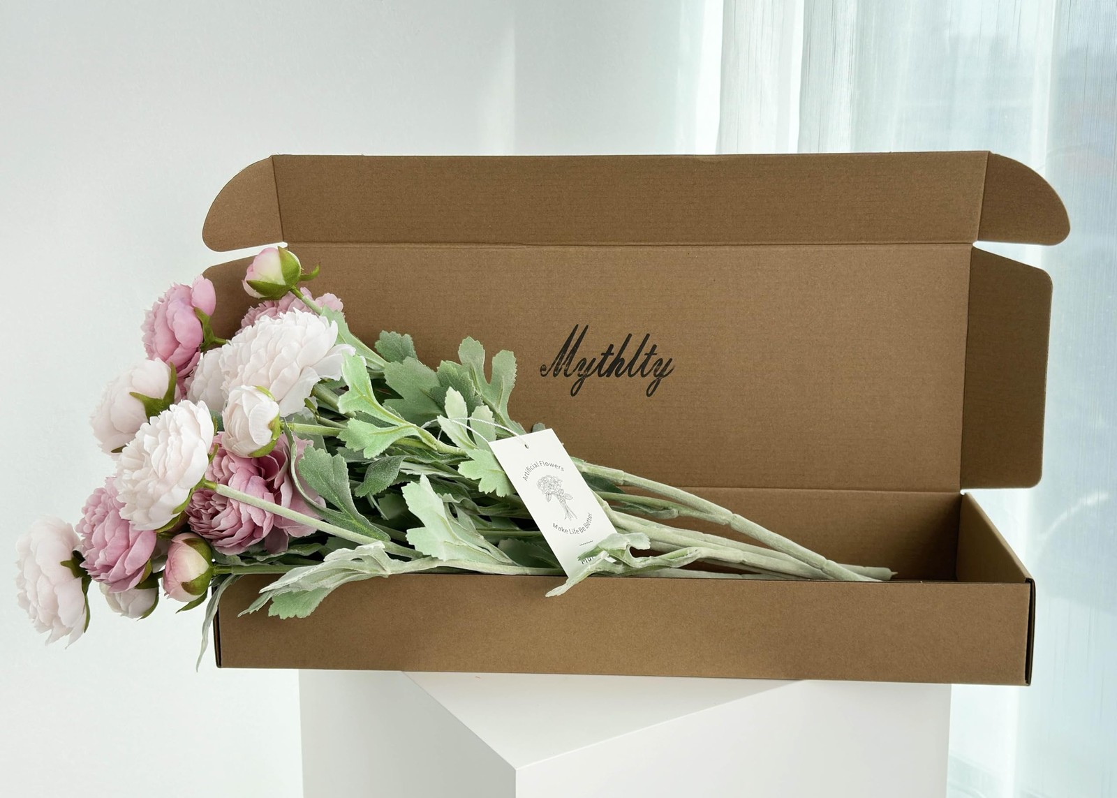 7 Pcs Peony Artificial Flowers with Stems, Faux Ice and Opal Pink Ranunculus Mix