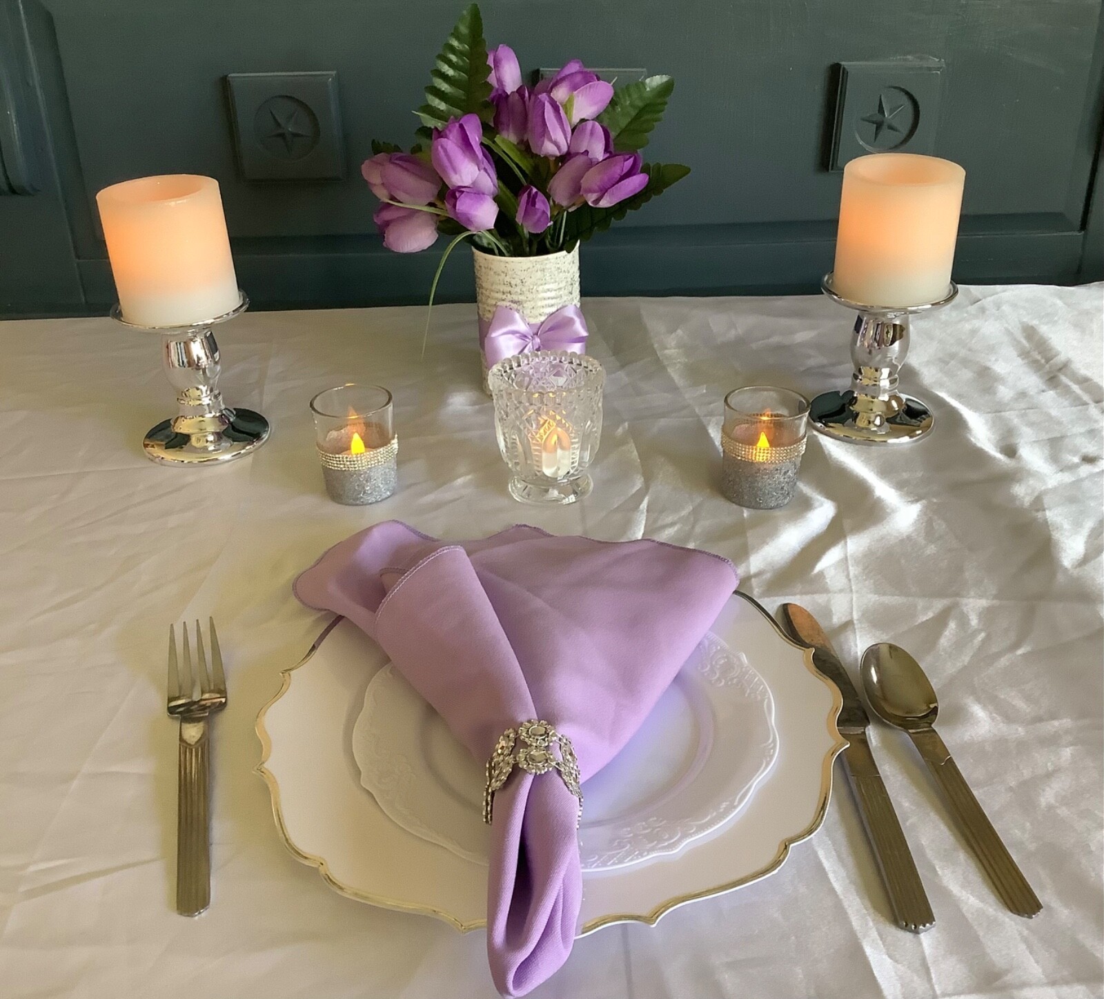 Spring/easter purple tulip centerpiece with glitter and painted upcycled tin can
