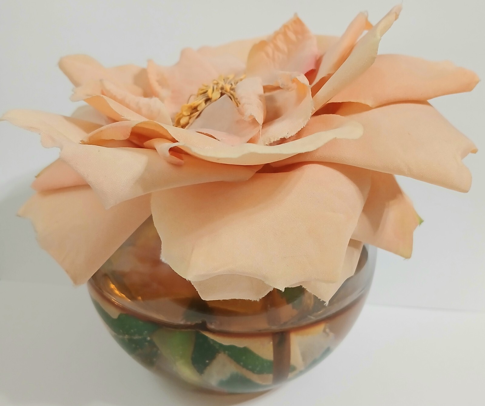 Vintage Peach Color Silk Flower Artificial  w/ Resin in Glass Bowl 5″