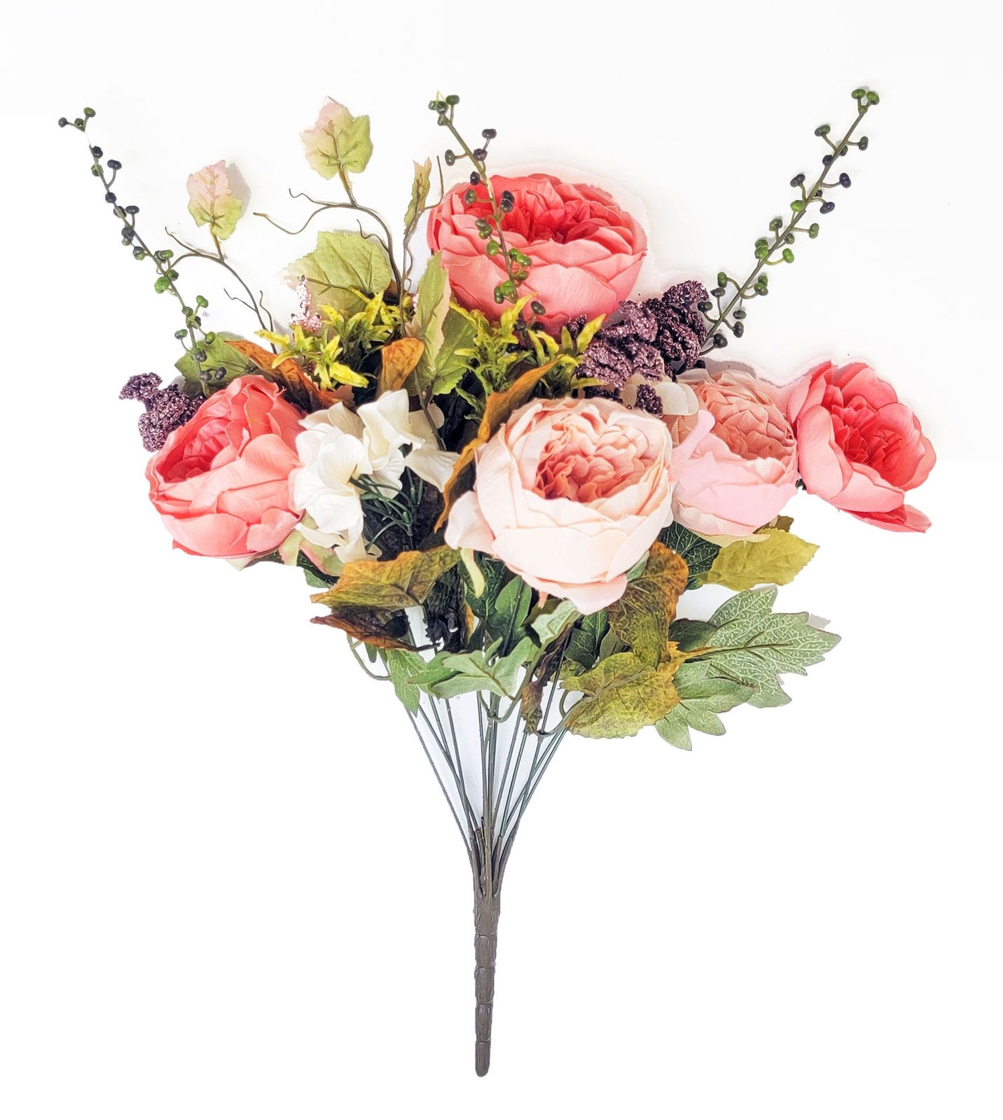 Cabbage Rose and Hydrangea Berry Bush, 20″H (Bush Only, Vase not included)