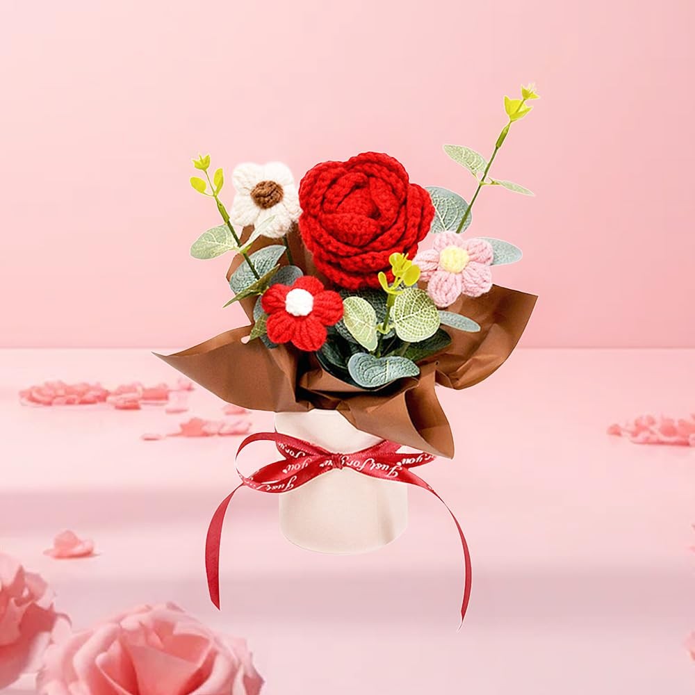 Crochet Medium Rose Flower Bouquet: Handmade Knitted Bouquet for Mother’s Day Bi