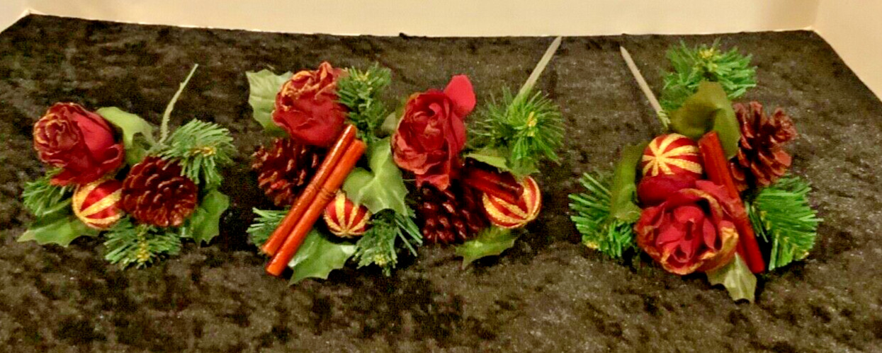 Lot of 4 VINTAGE Red Roses & Cinnamon Floral Bouquet Basket Pick Decorations