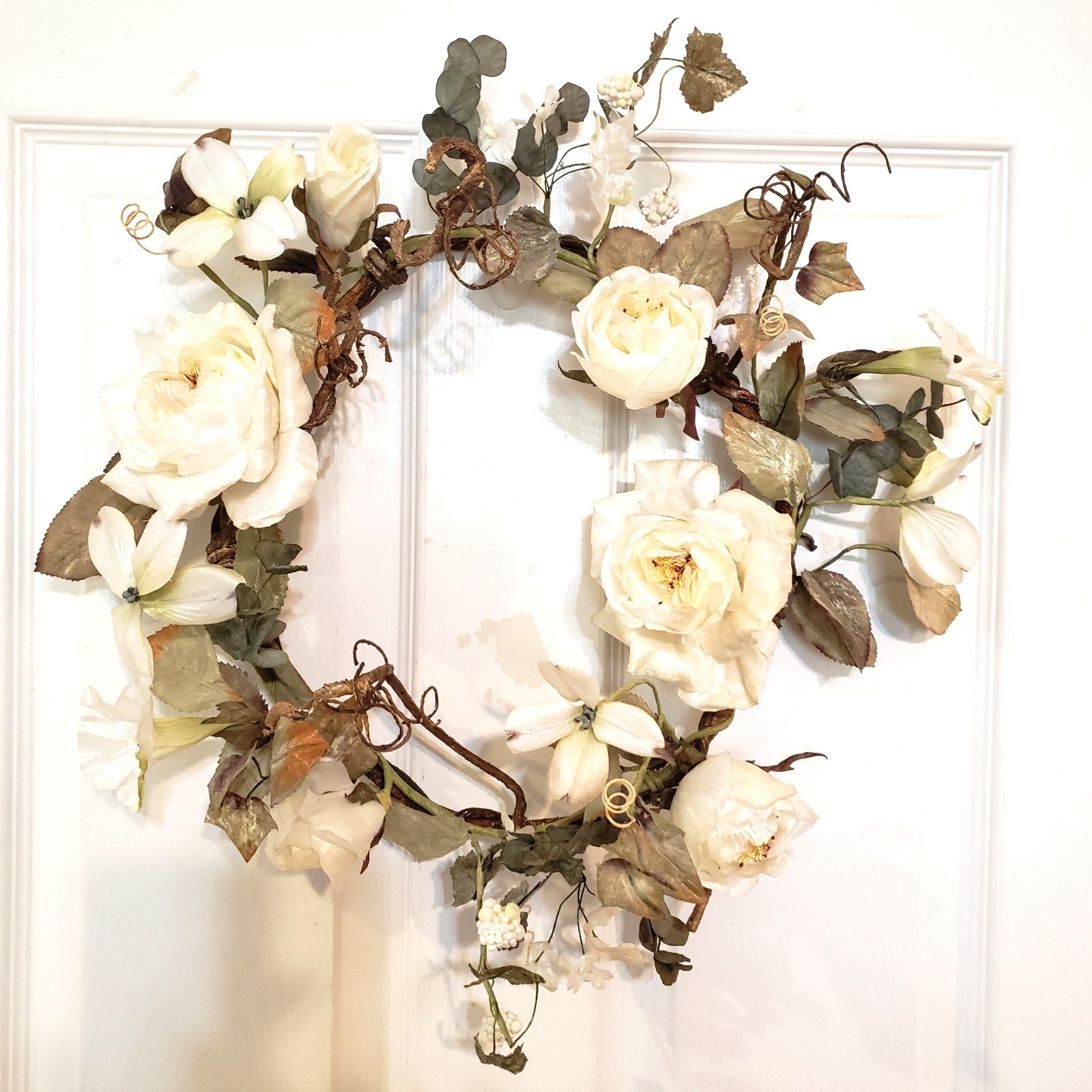 Vintage White Rose and Dogwood Wreath, Wedding Wall Hanging