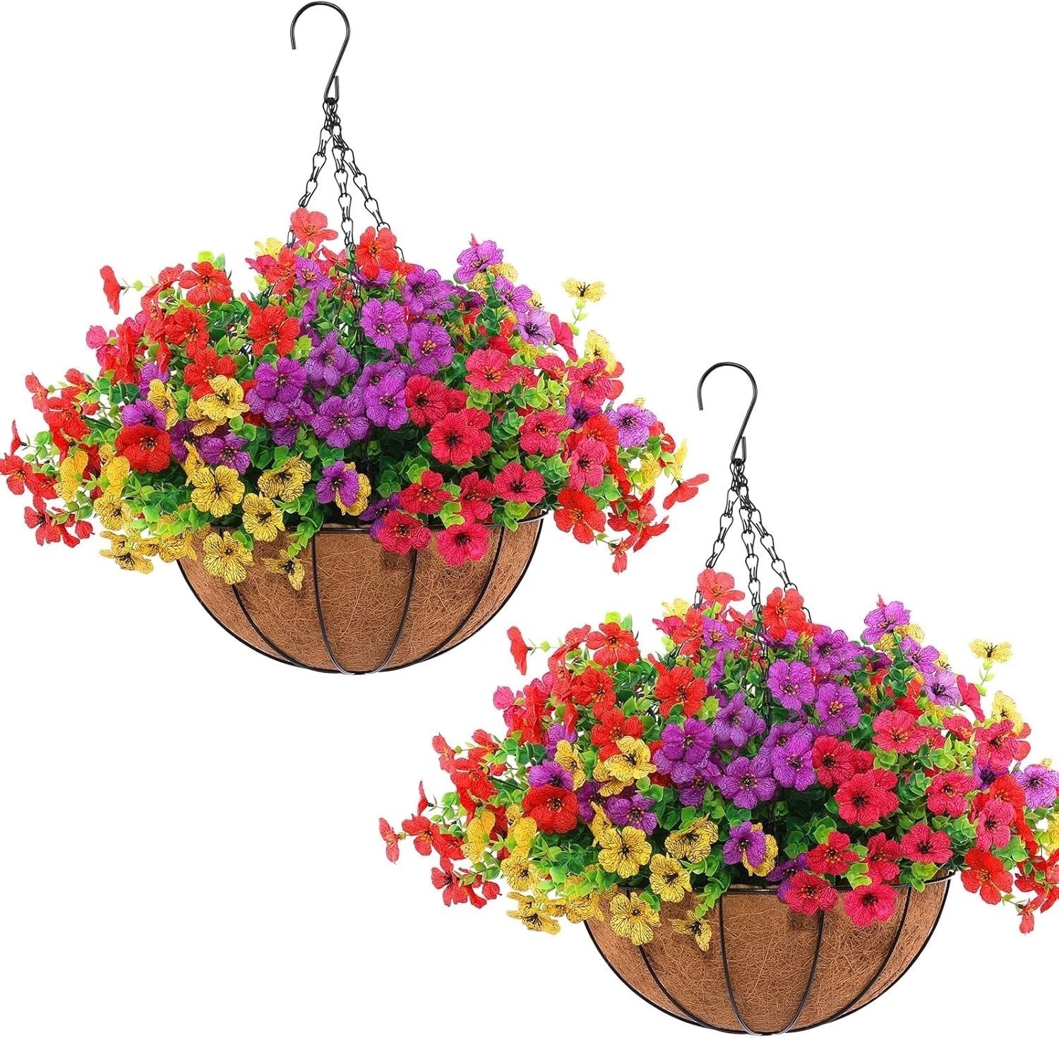 2 Set UV Resistant Artificial Flowers with Hanging Baskets for -Round Charm