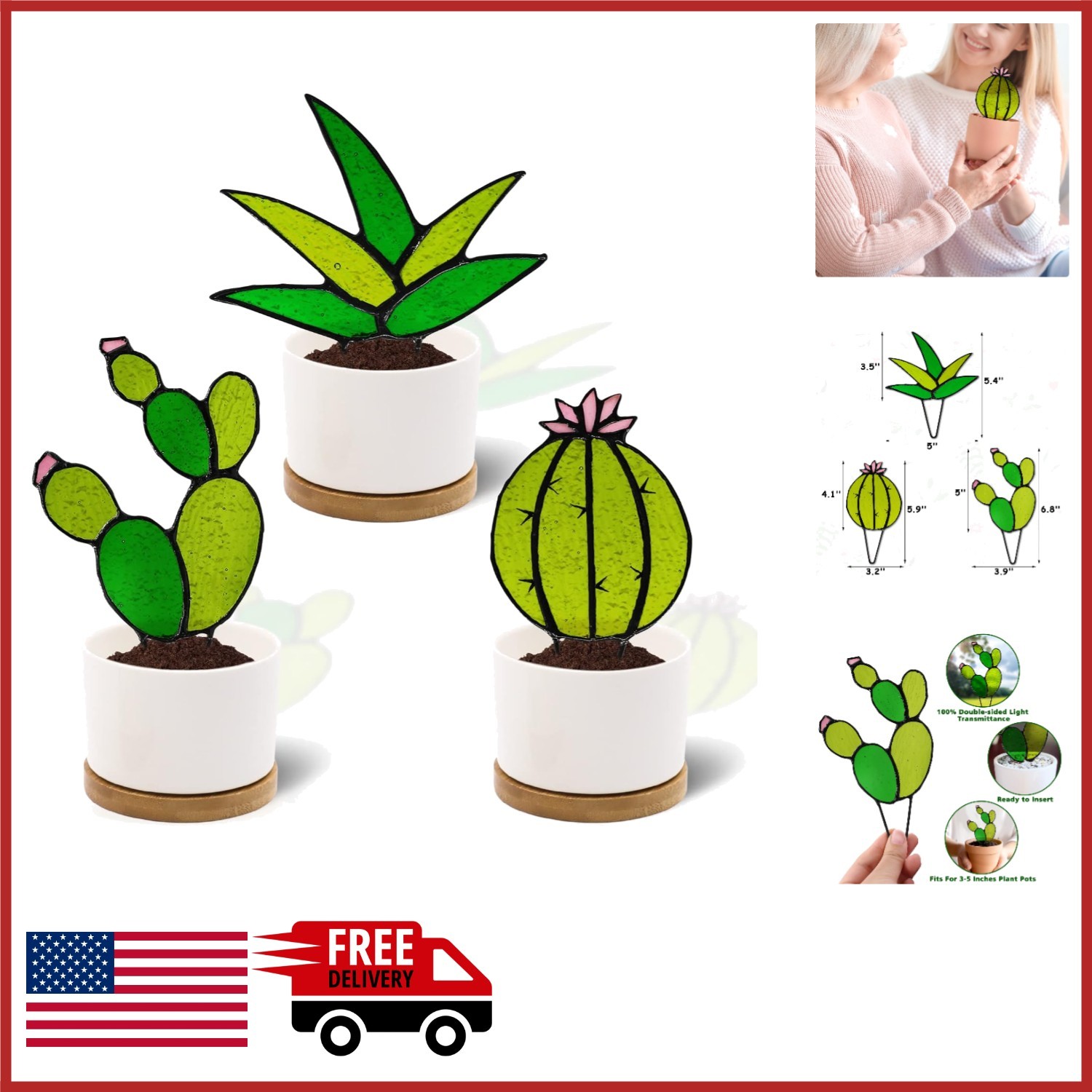 Mini Cactus Stained Glass Suncatcher for Indoor Outdoor Decor Green Pink