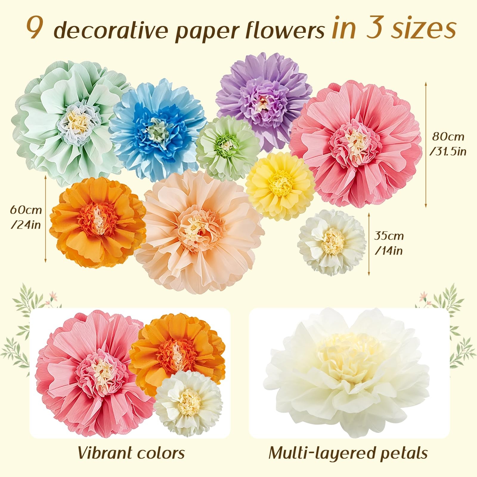 Giant Paper Flowers Set 9 PCS 31.5/24/14 Inch Colorful Wall Party Decor Prop