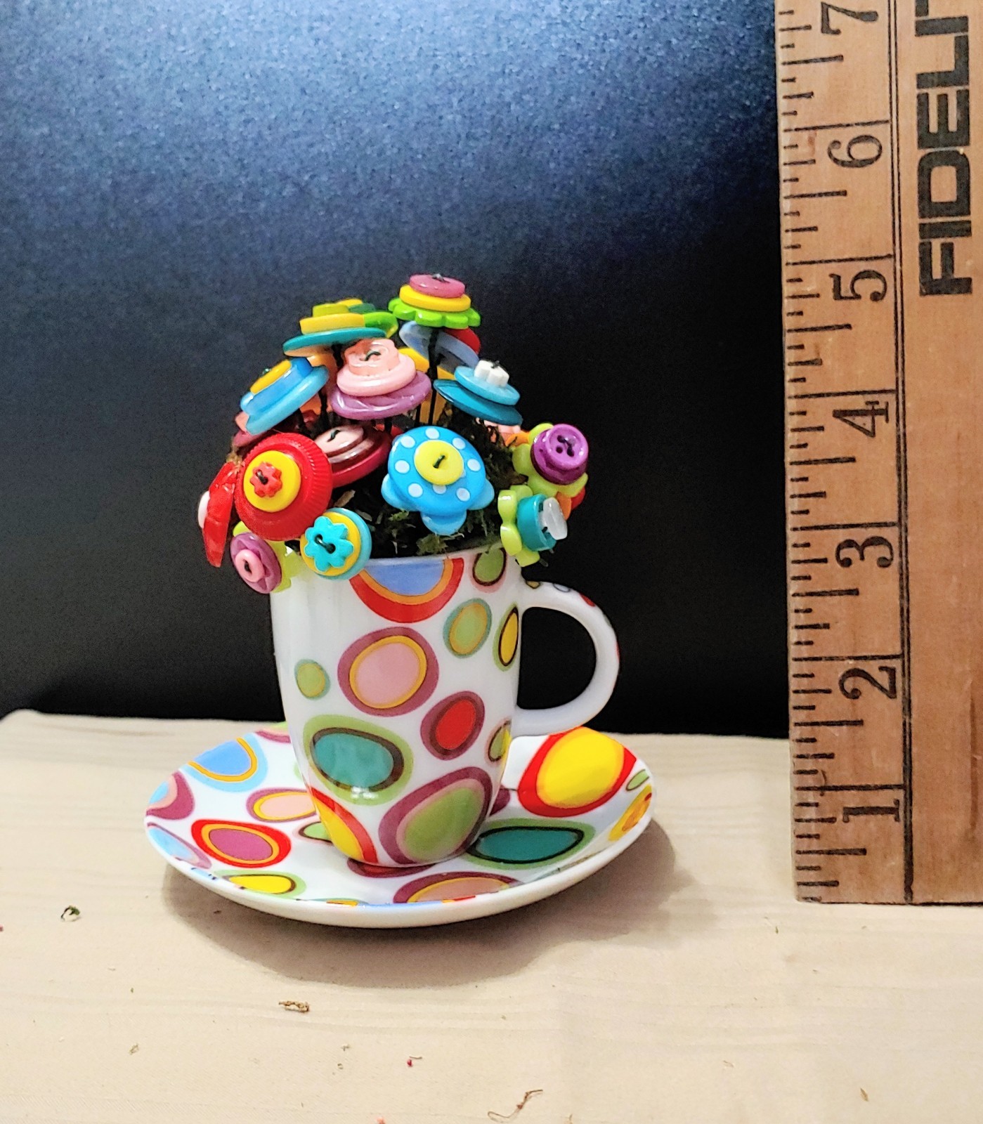 Rainbow Button Bouquet in mini polka dot cup and saucer. only 5 inches tall!