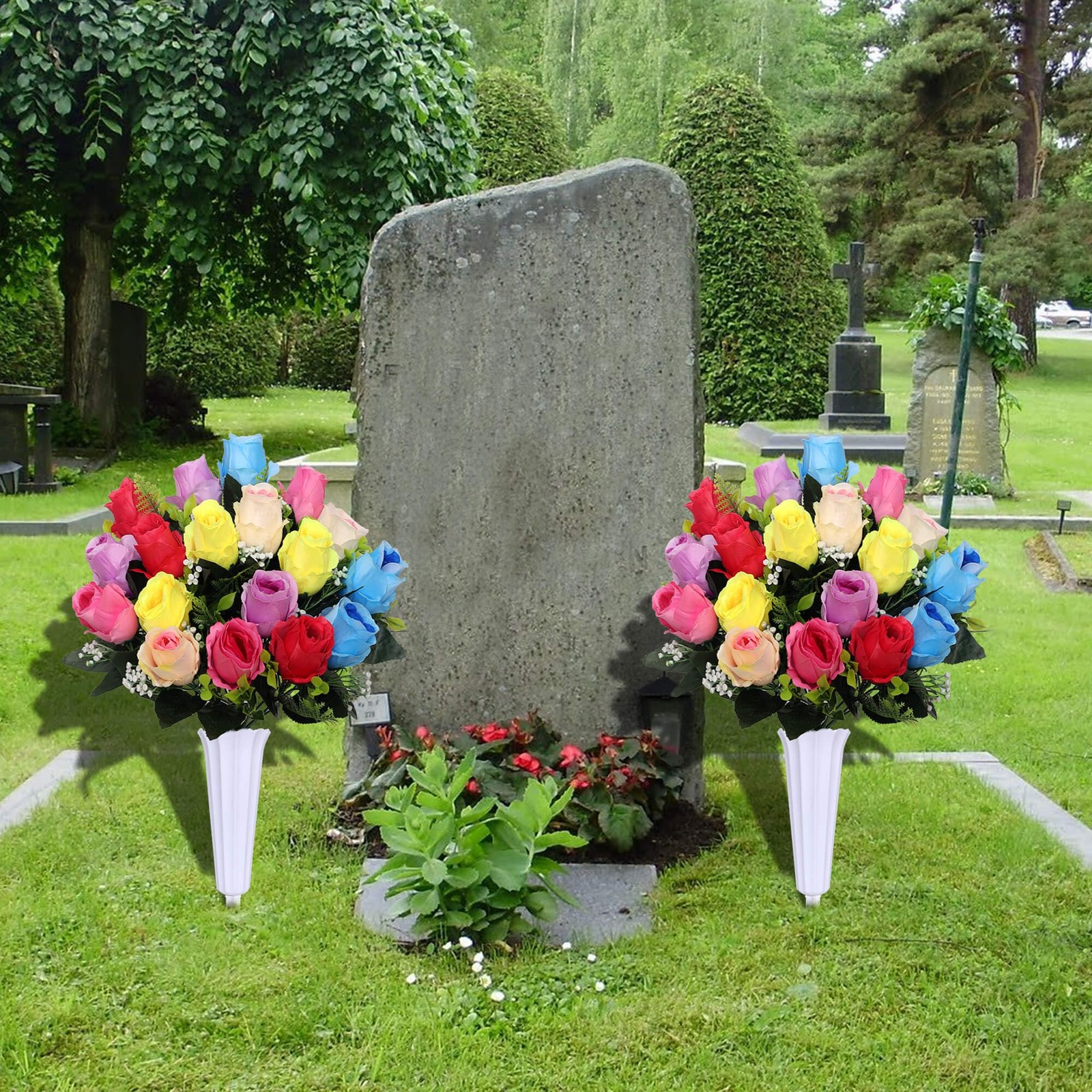 Artificial Cemetery Flowers,Set of 2 Grave Decorations Roses, Tombstone Memor…
