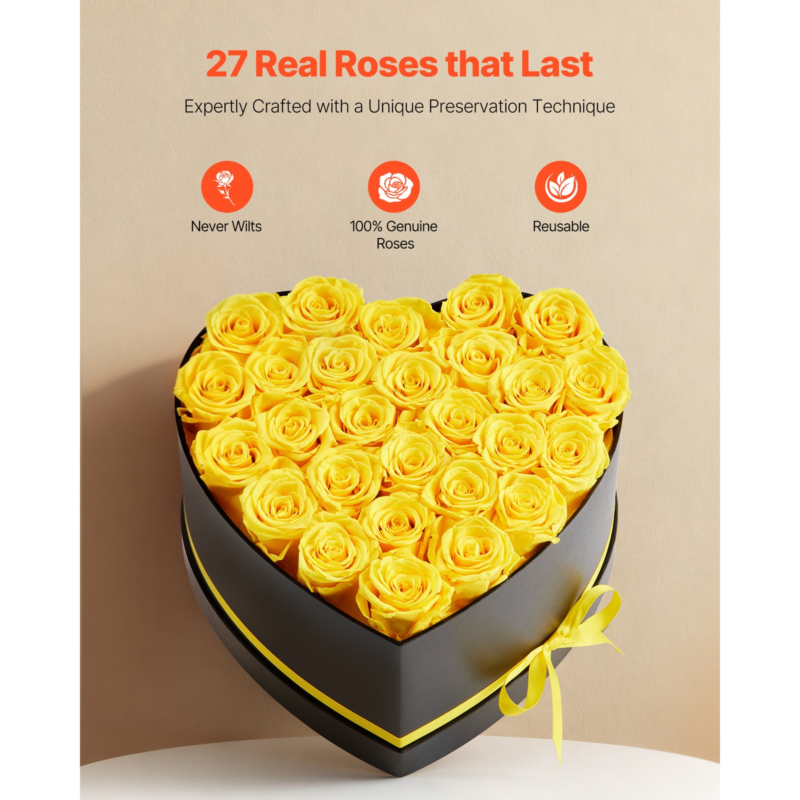 Uimoso 27 Preserved Roses in Heart-Shaped Box – Eternal Yellow Bouquet