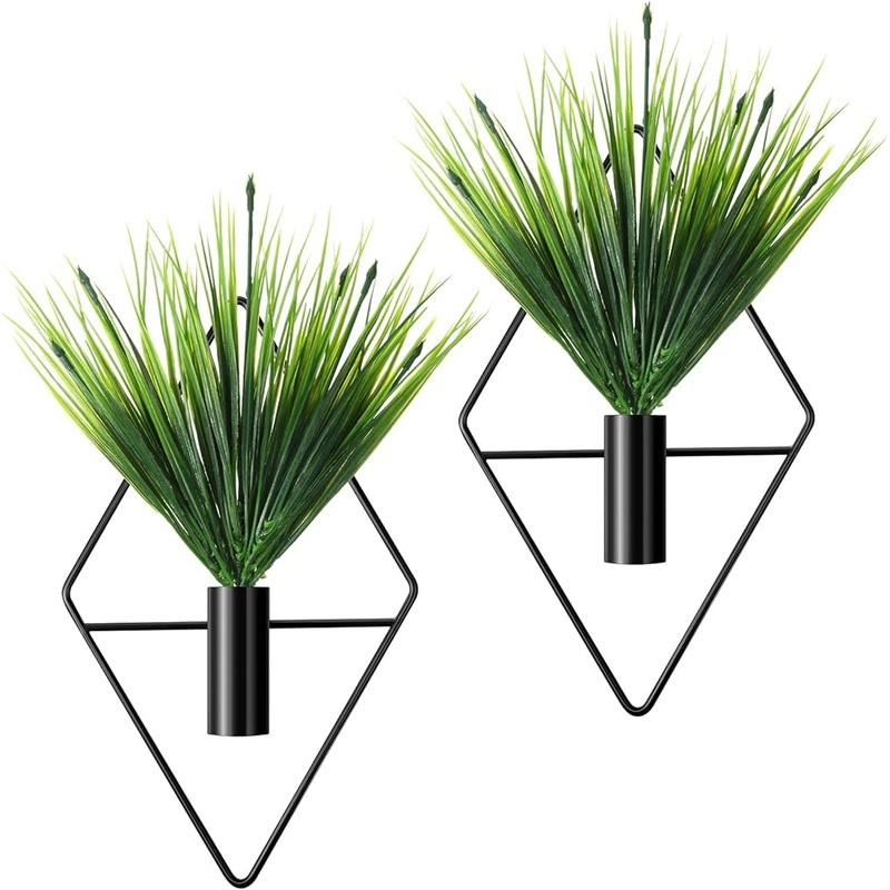 2 Piece Wall Planter Set Metal Hanging Vases W/ Artificial Plants Indoor Decor