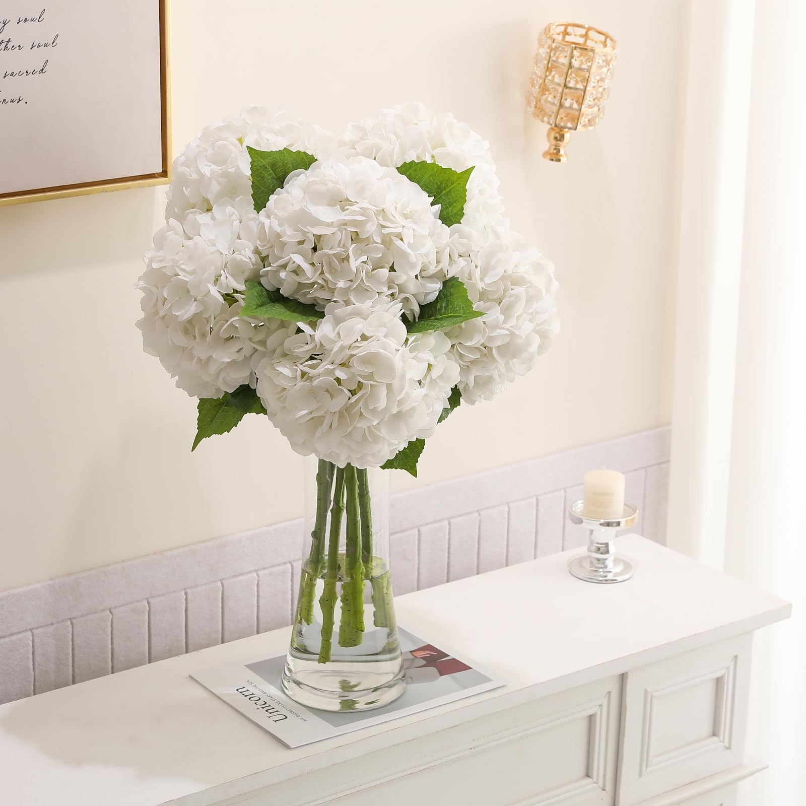 6PCS 22 inch Hydrangea Artificial Flowers Real Touch White Faux Hydrangea Flo…