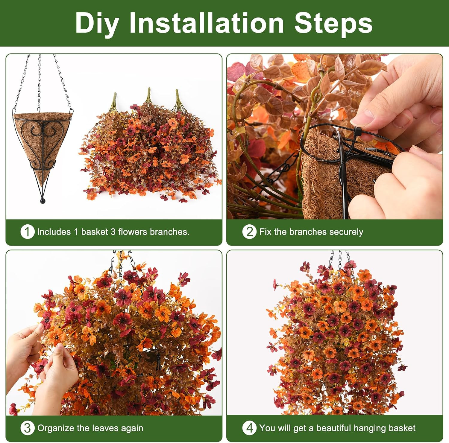 Autumn Faux Mums Hanging Basket – UV Resistant Orange Brown Floral Decor