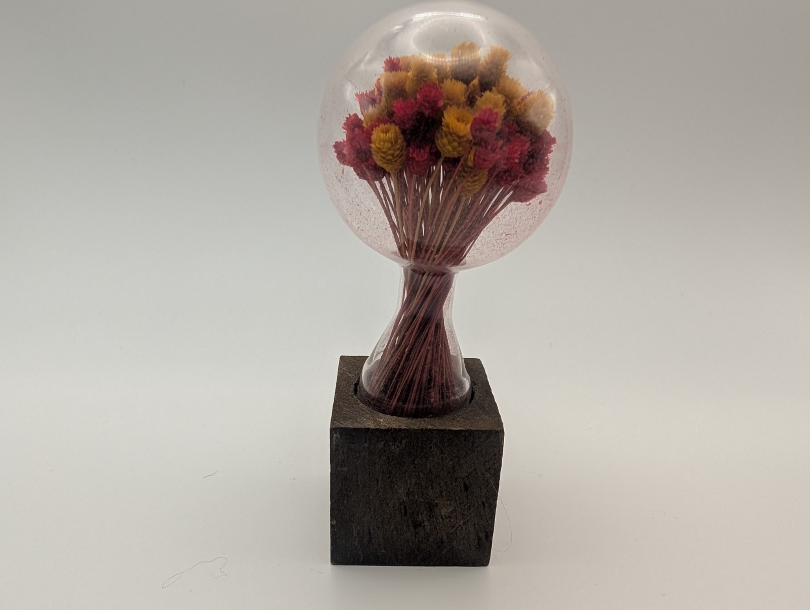 Vtg Dried Flowers Glass Wood 1970s Cottage Core Fairy Farm Country Paperweight