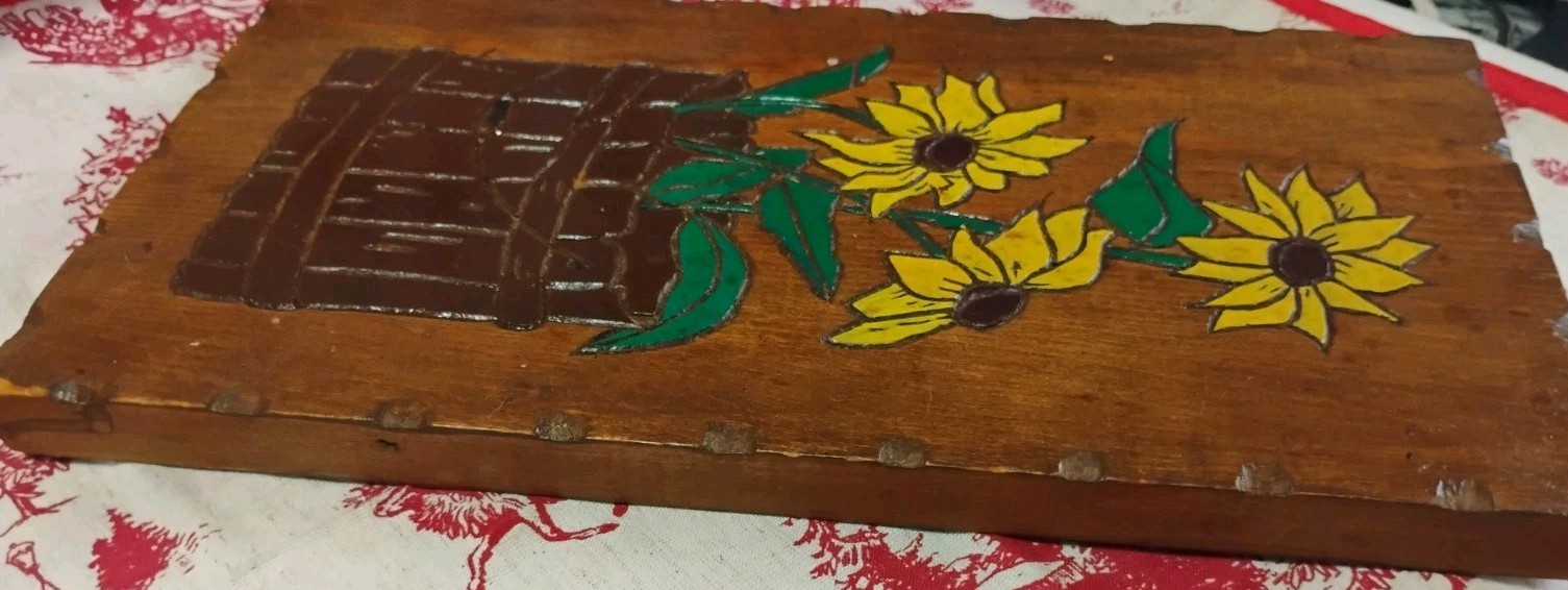 Vintage Carved Painted 3 Sunflowers Bucket Wall Art Primitive Farmhouse Rustic