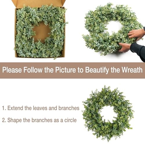 Wreaths for Front Door 24″, Door Spring Wreath with Eucalyptus Boxwood 24 inch