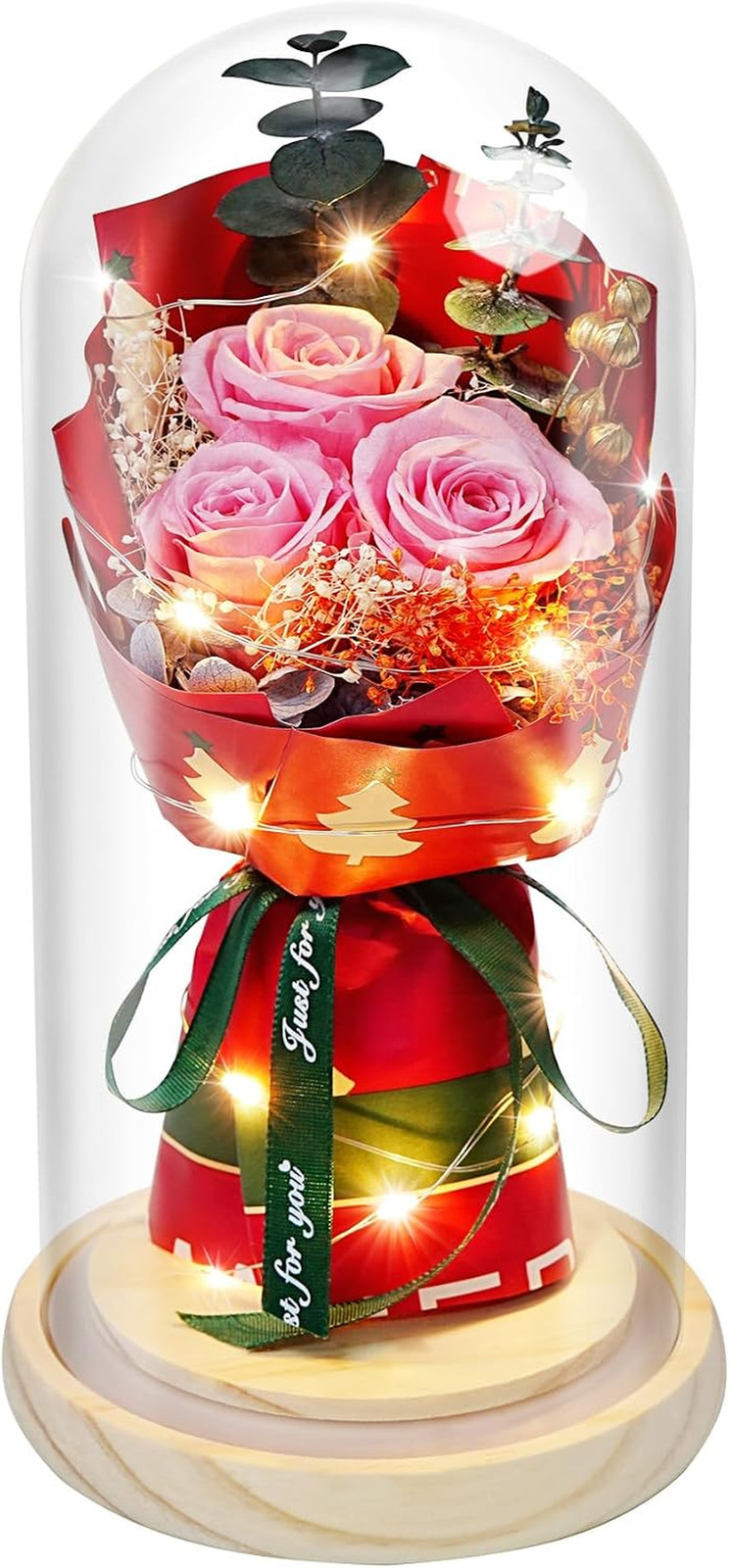 Preserved Flowers in Glass for Her,Pink Real Rose Bouquet with LED Light,Eternal