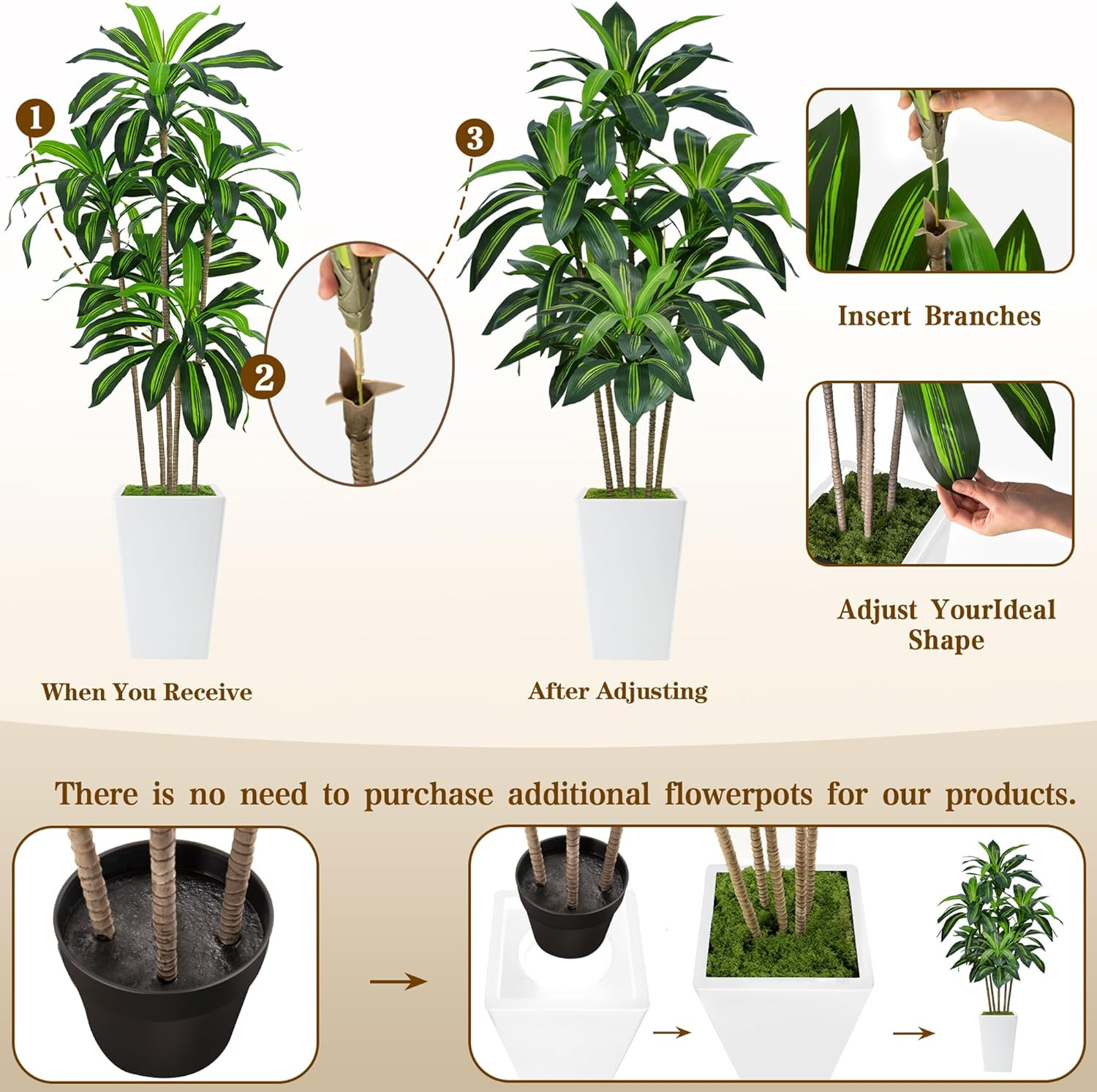 7FT Artificial Dracaena Tree with White Planter for Home & Office Decor