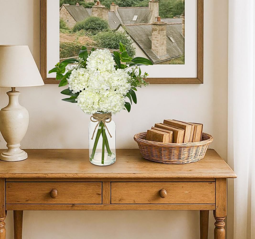 White Hydrangea Artificial Flowers in Clear Glass Vase with Faux Water Silk H…
