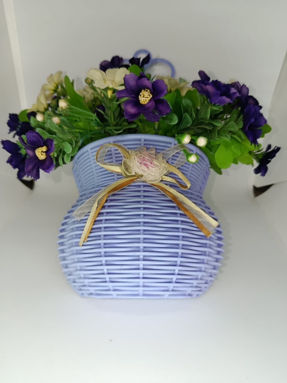 Wall Hanging Flower Basket Artificial Purple Flowers Home Decor Woven Planter