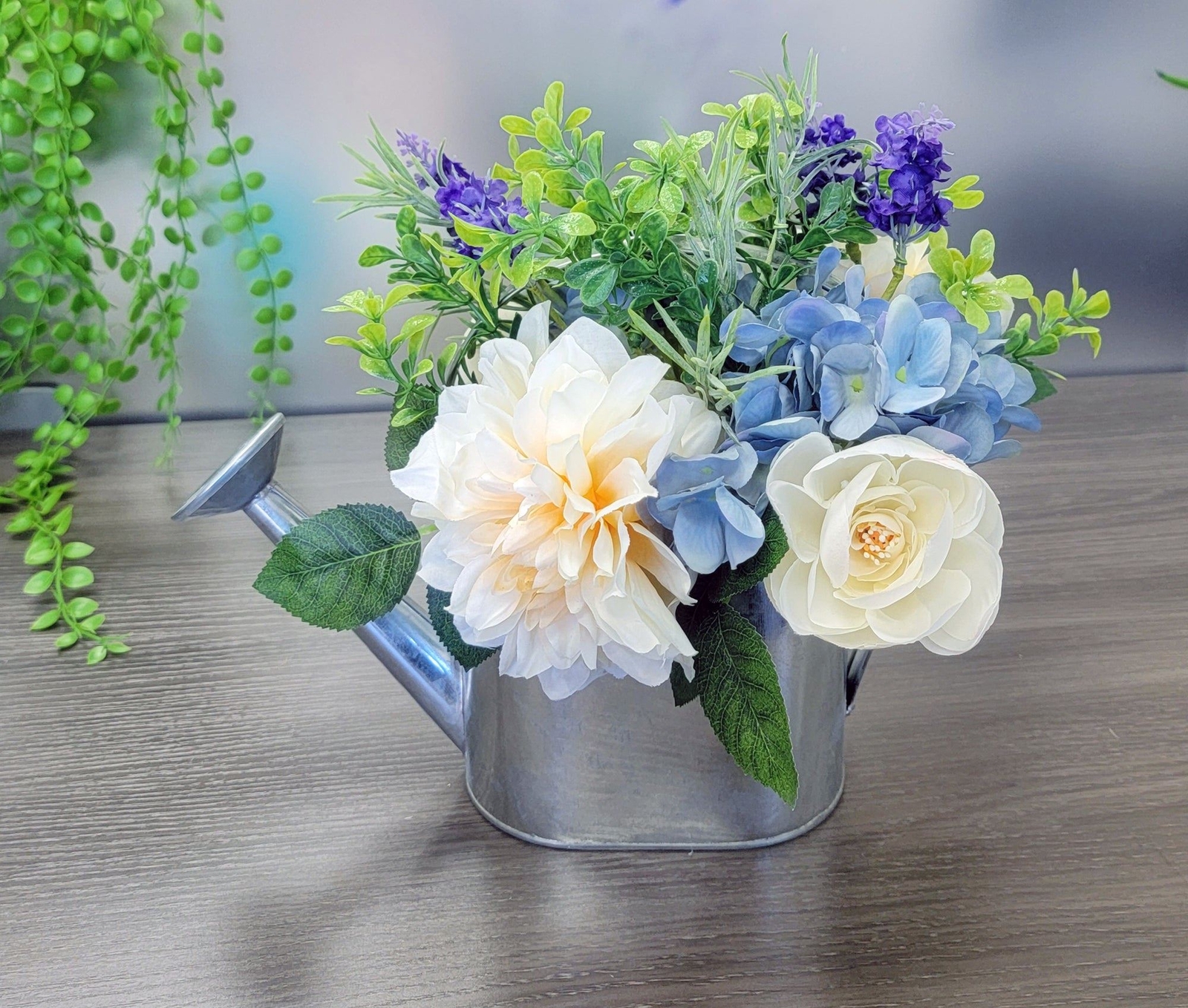 Dahlia Hydrangea Ranunculus Lavender in silver metal wantering can Arrangement,