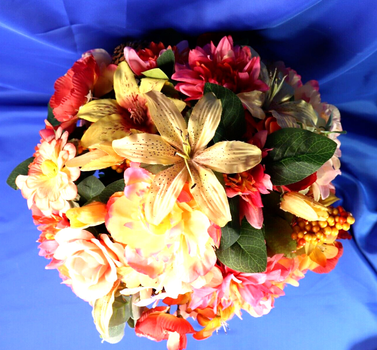 Lovely Floral Arrangement In Shades of Coral Pink & Yellow in a Square Planter