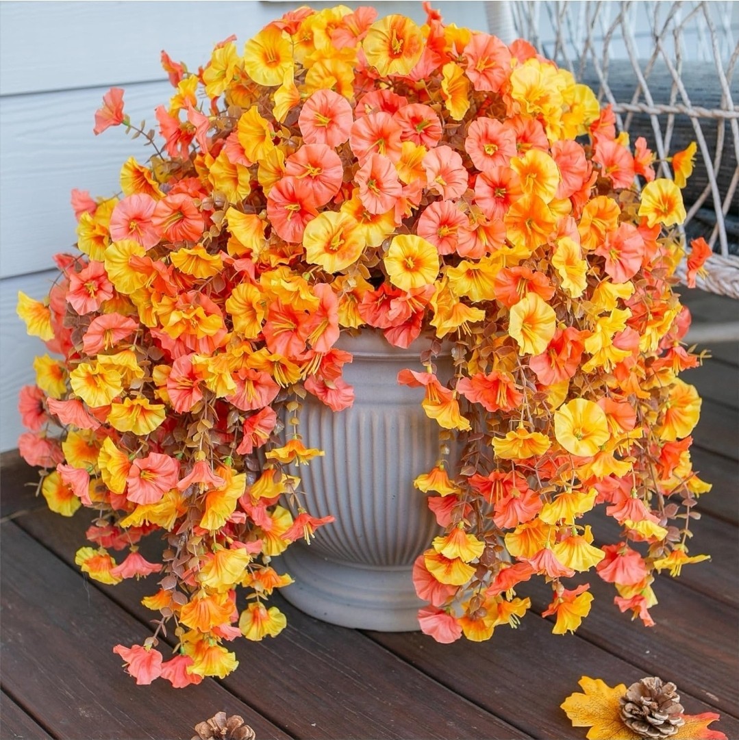 2 PCS Artificial Faux Fall Hanging Flowers Plants for Outdoor Decor,Fake Silk…