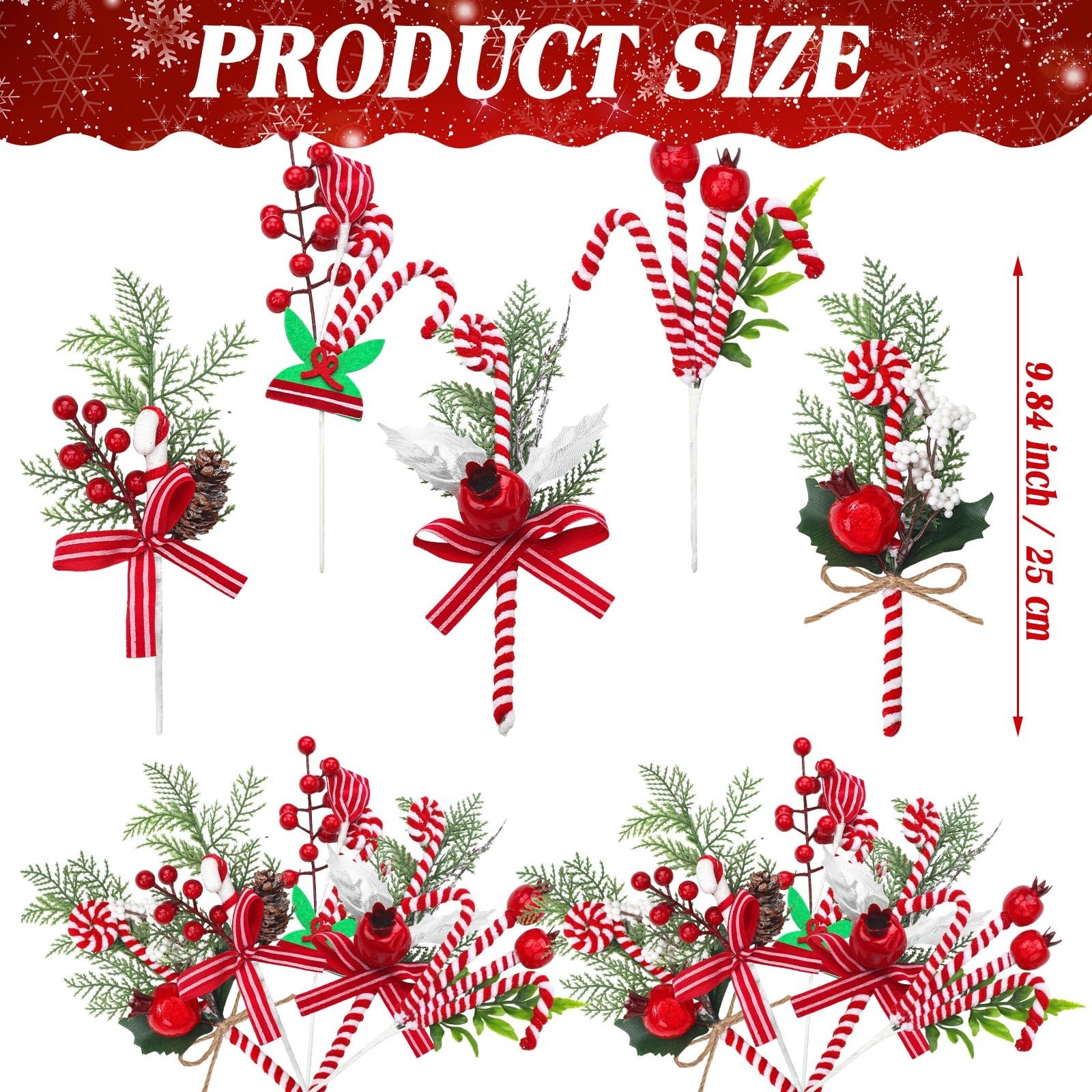 Christmas Candy Cane Picks 10 Inch Peppermint Red White Tree Ornaments 20 PCS