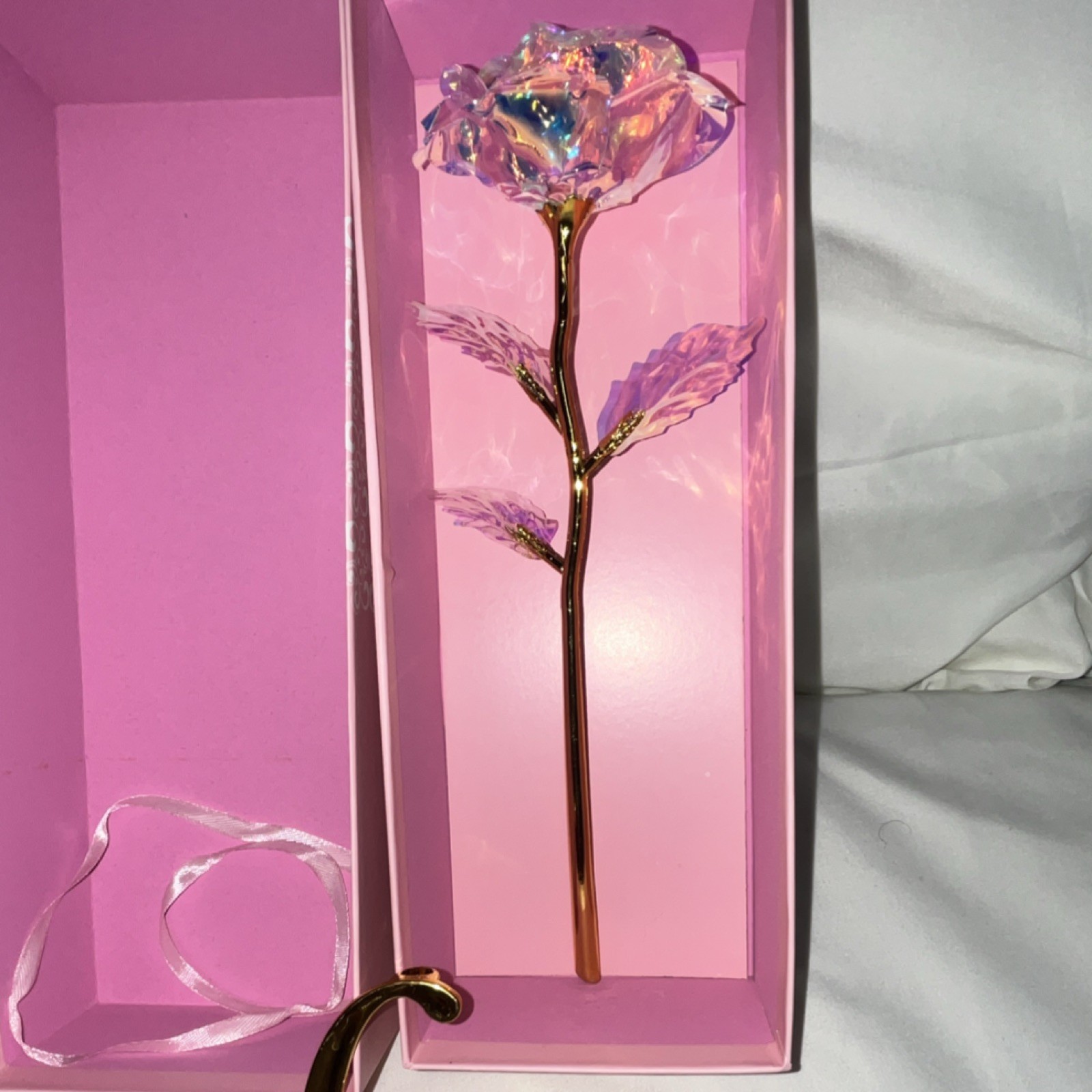 24K Golden Rose Artificial Metal Flower Stem with ‘Love’ Stand in Pink Gift Box