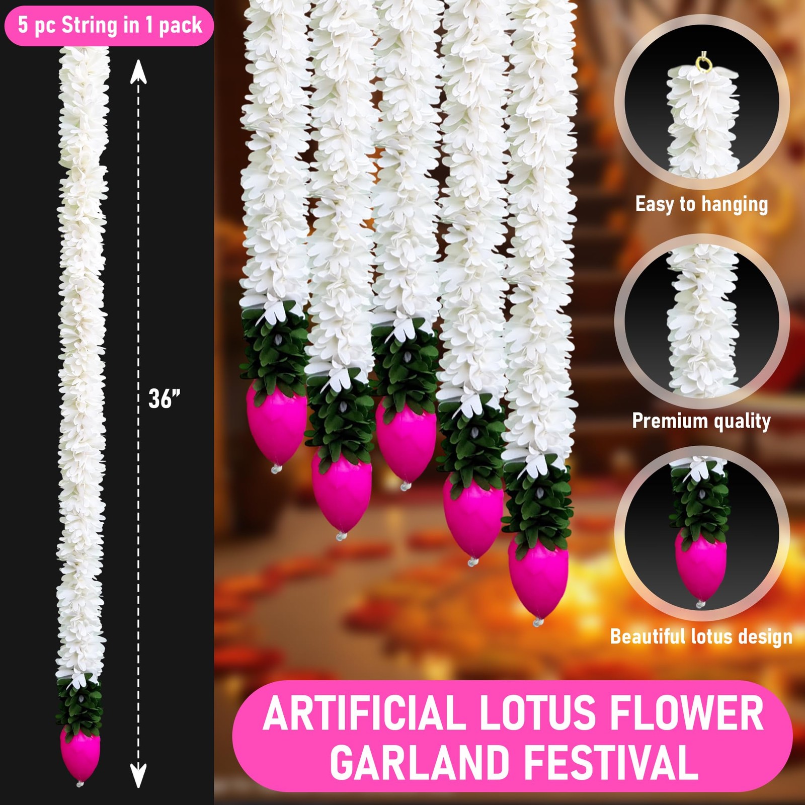 Diwali Decorations for Home – 5 Pc Artificial Lotus Flower Garland, Fabric Fl…