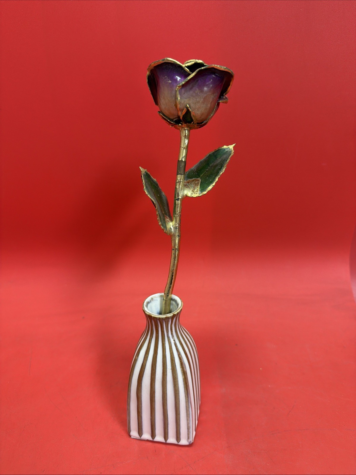 Vintage Gold-Tone Metal Purple Rose 🥀 w Ceramic Vase 4.75” Decor