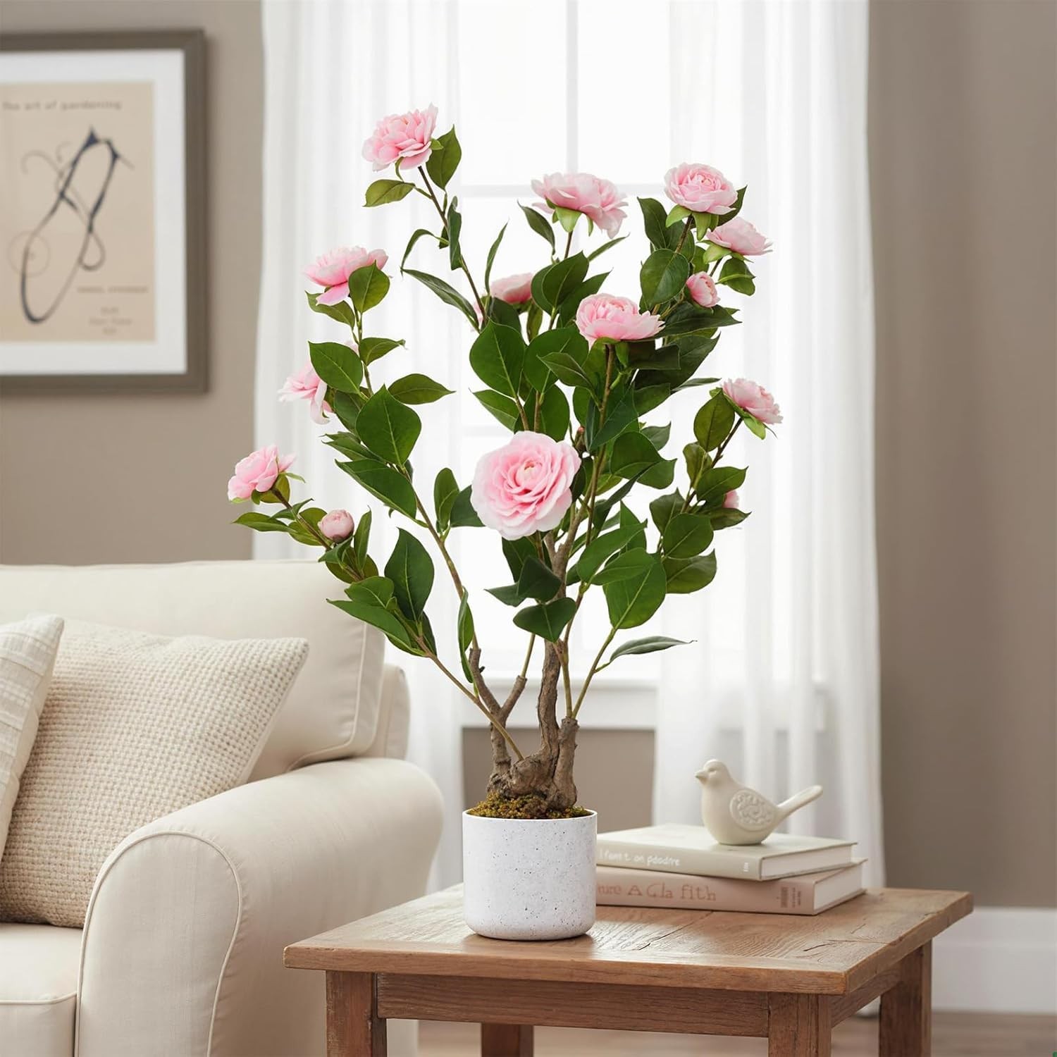 2.5FT Artificial Camellia Tree White Pot,Faux Pink Flower Plant for Home Decor