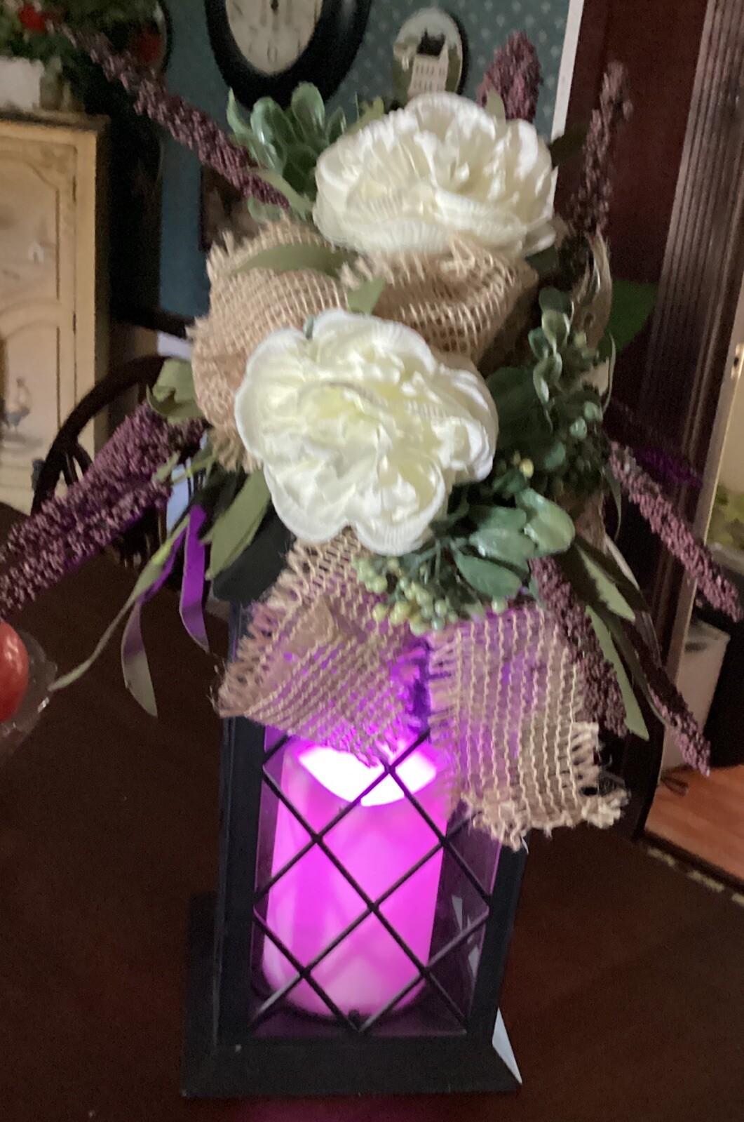 Multi Color Light Lantern with Flowers and Burlap Indoor Outdoor Decor 14.4″