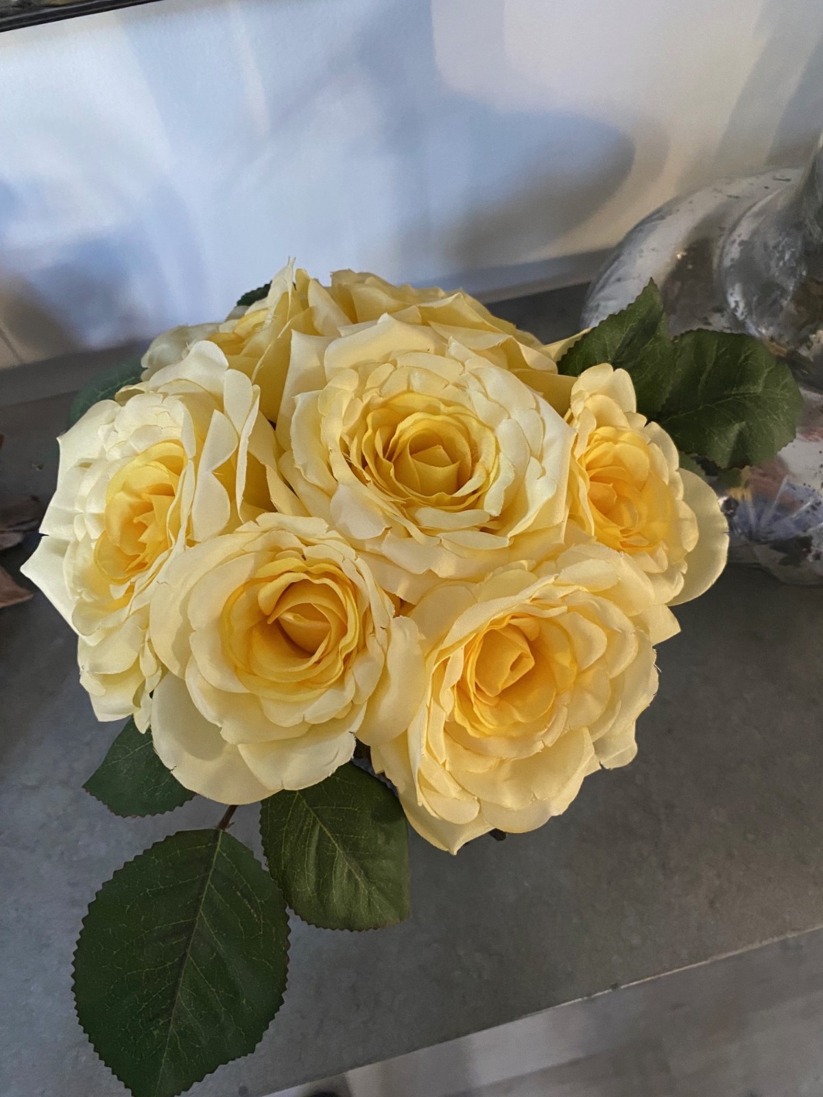 Silk Yellow Roses Faux Flower Arrangement Bronze Pedestal Metal Vase