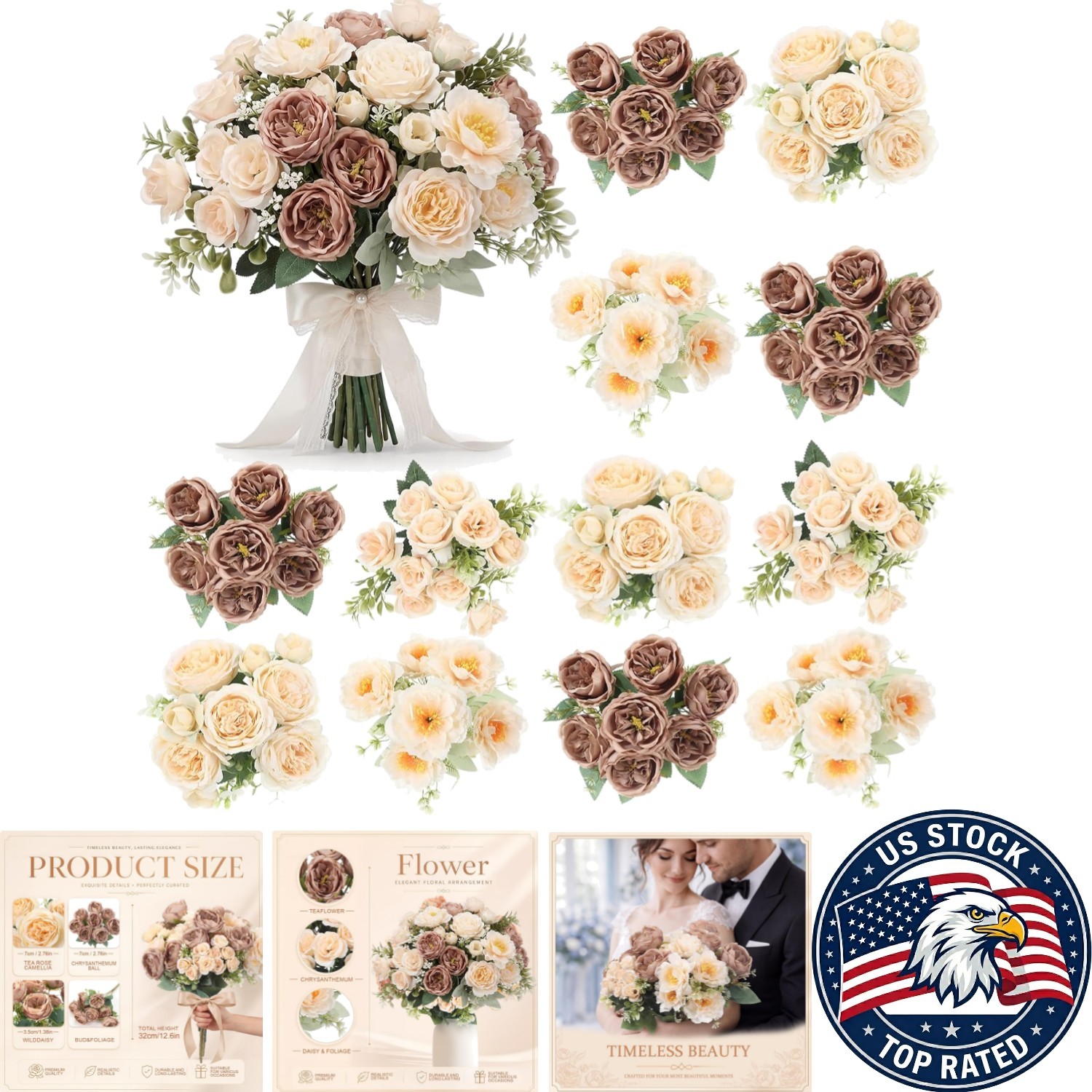 Realistic 12 Bundles Silk Flower Bouquets – Brown Beige for Table Centerpieces