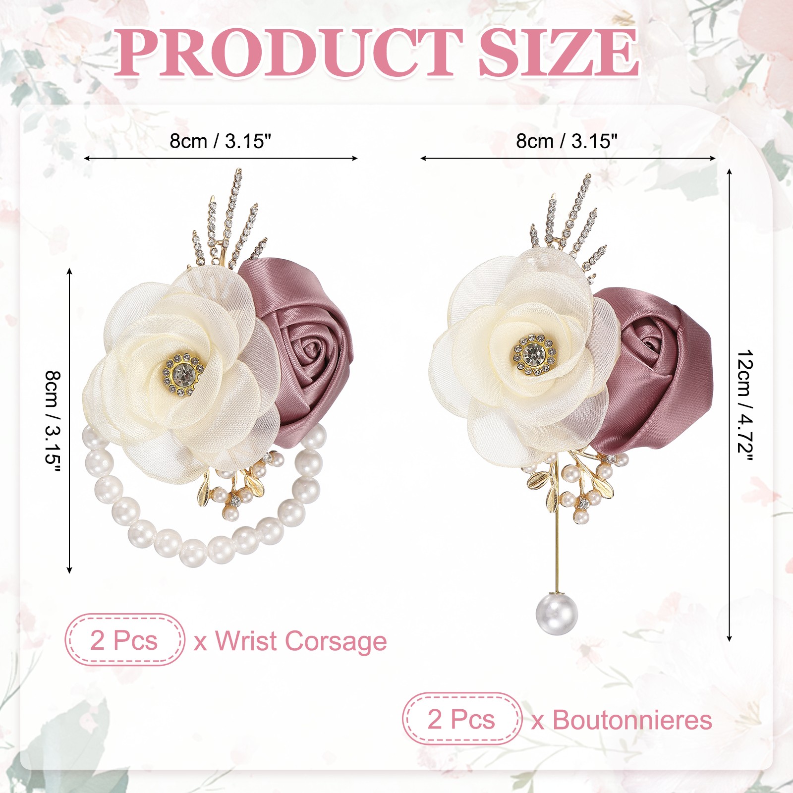 2 Sets Wrist Corsage and Boutonnieres Set for Wedding Groom Bride, Mauve