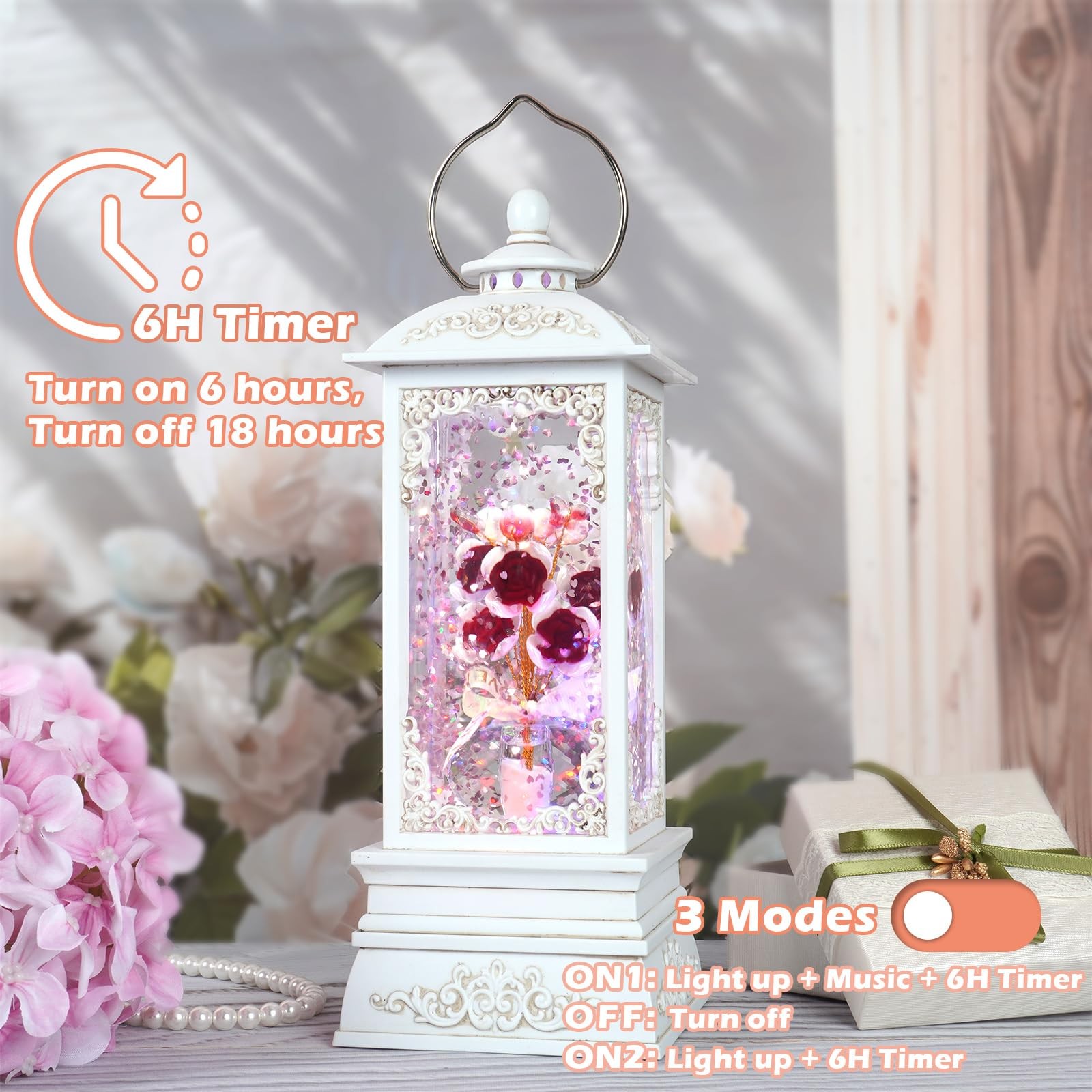 Red Rose Flower Snow Globe Lantern with RGB Color Changing Lights, Music & 6 …