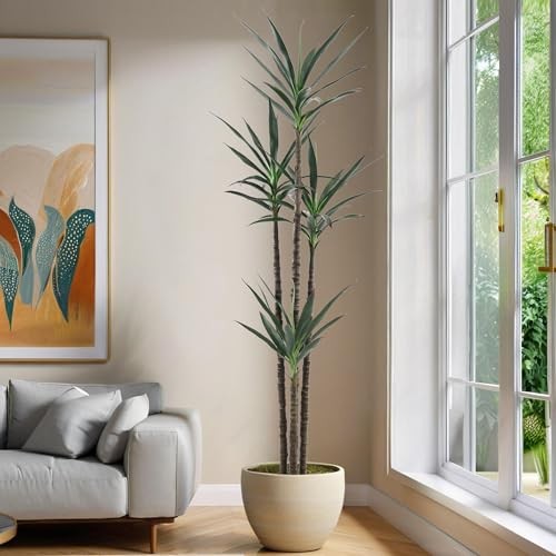 Artificial Tree Faux Agave Plant with 60 Leaves and 4 Realistic 7ft Green
