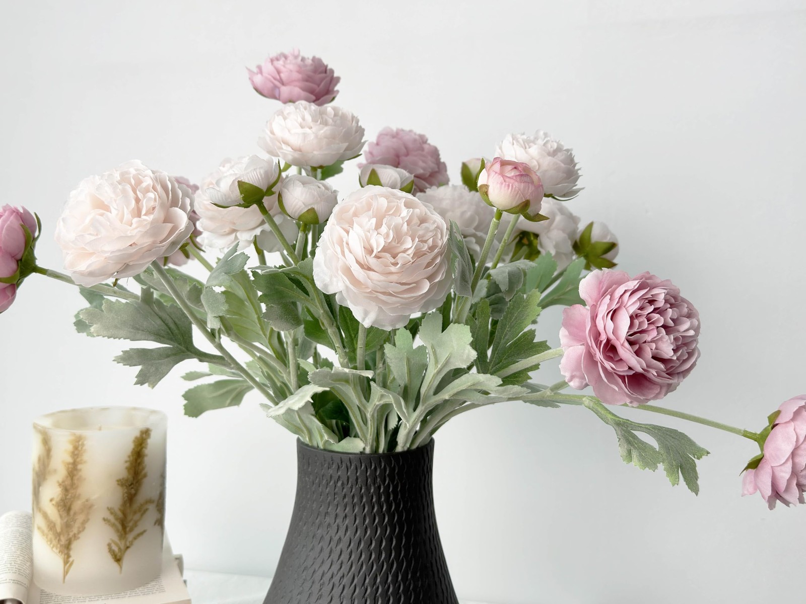 7 Pcs Peony Artificial Flowers with Stems, Faux Ice and Opal Pink Ranunculus Mix