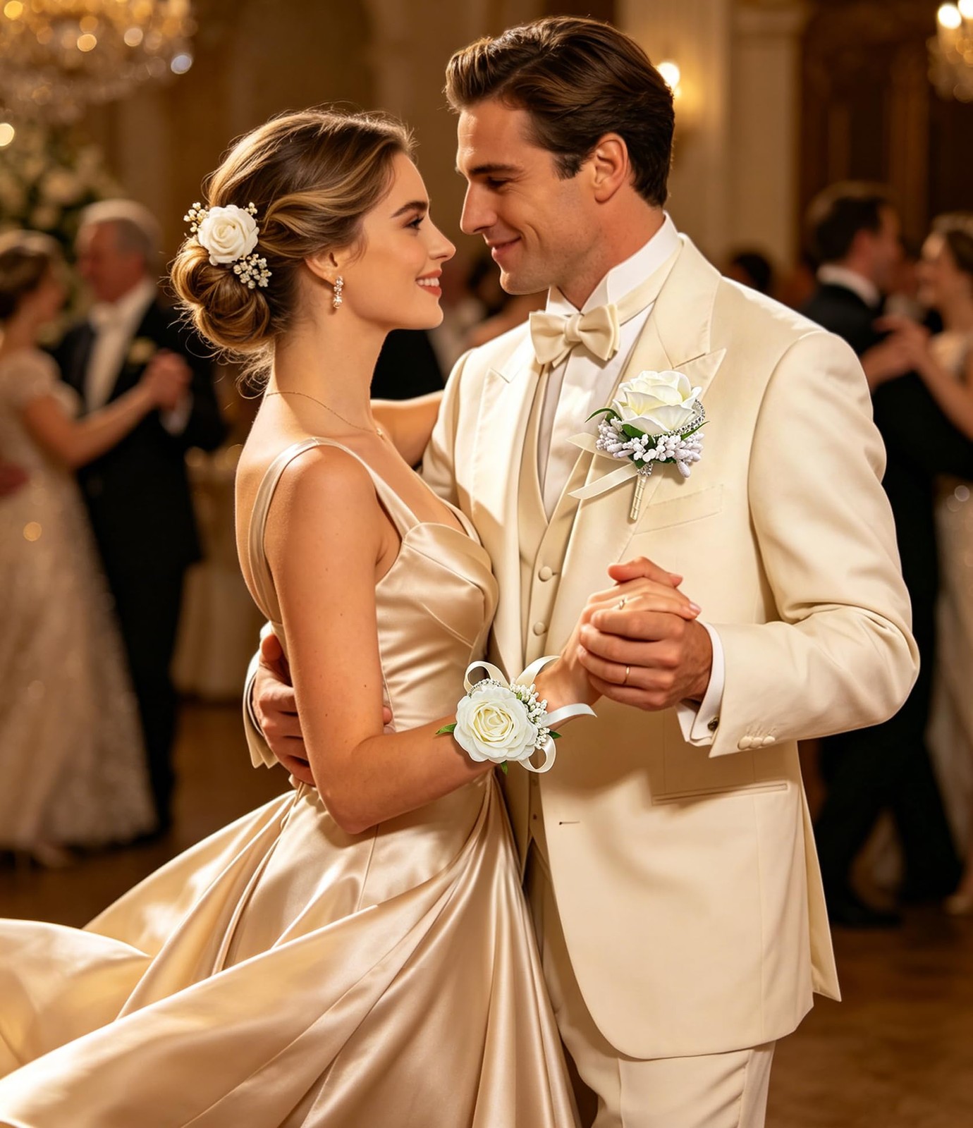 White Rose Corsage and Men Boutonniere Set for Wedding Prom