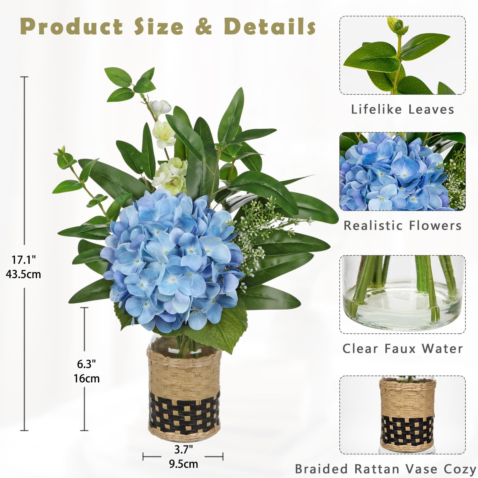 17″ Blue Hydrangea Artificial Flowers in Vase With Faux Water, UV Protected F…