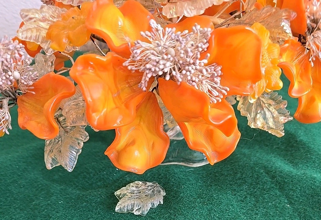 Art Glass Orange Flower Arrangement Peony Bonsai Tree Centerpiece Murano? Italy