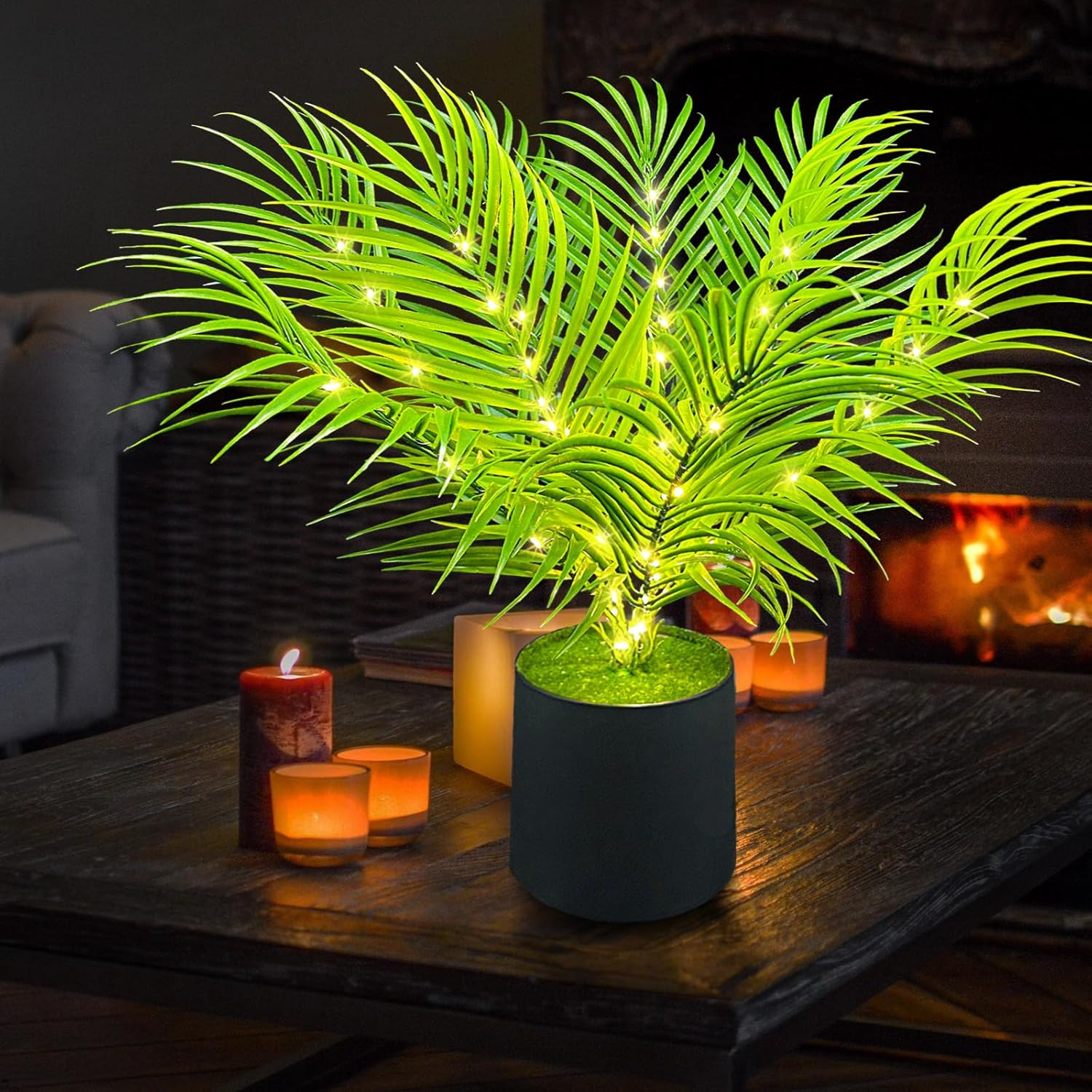 20” LED Areca Palm Tree Faux Plant with Lights – USB & Battery Box Powered – Ar