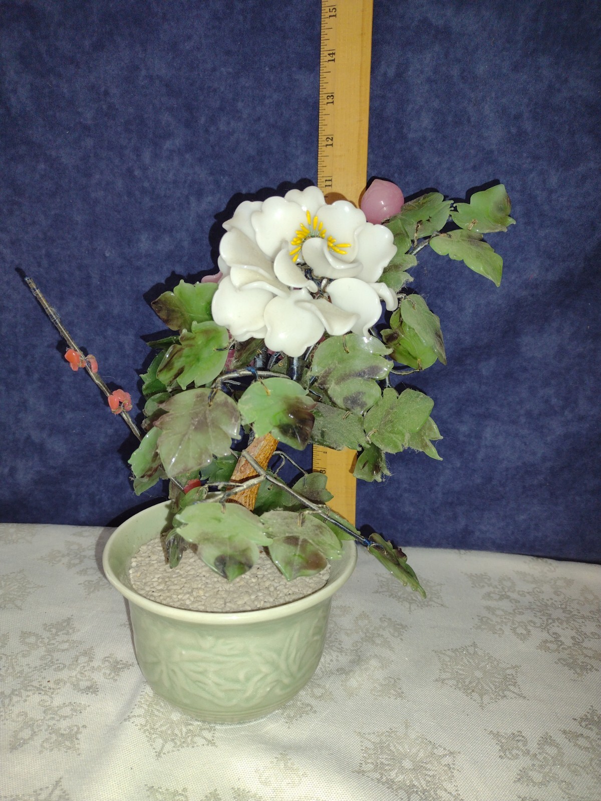 Vintage Original Japan Glass Bonsai Tree Green Bowl Pot 9″ Tall
