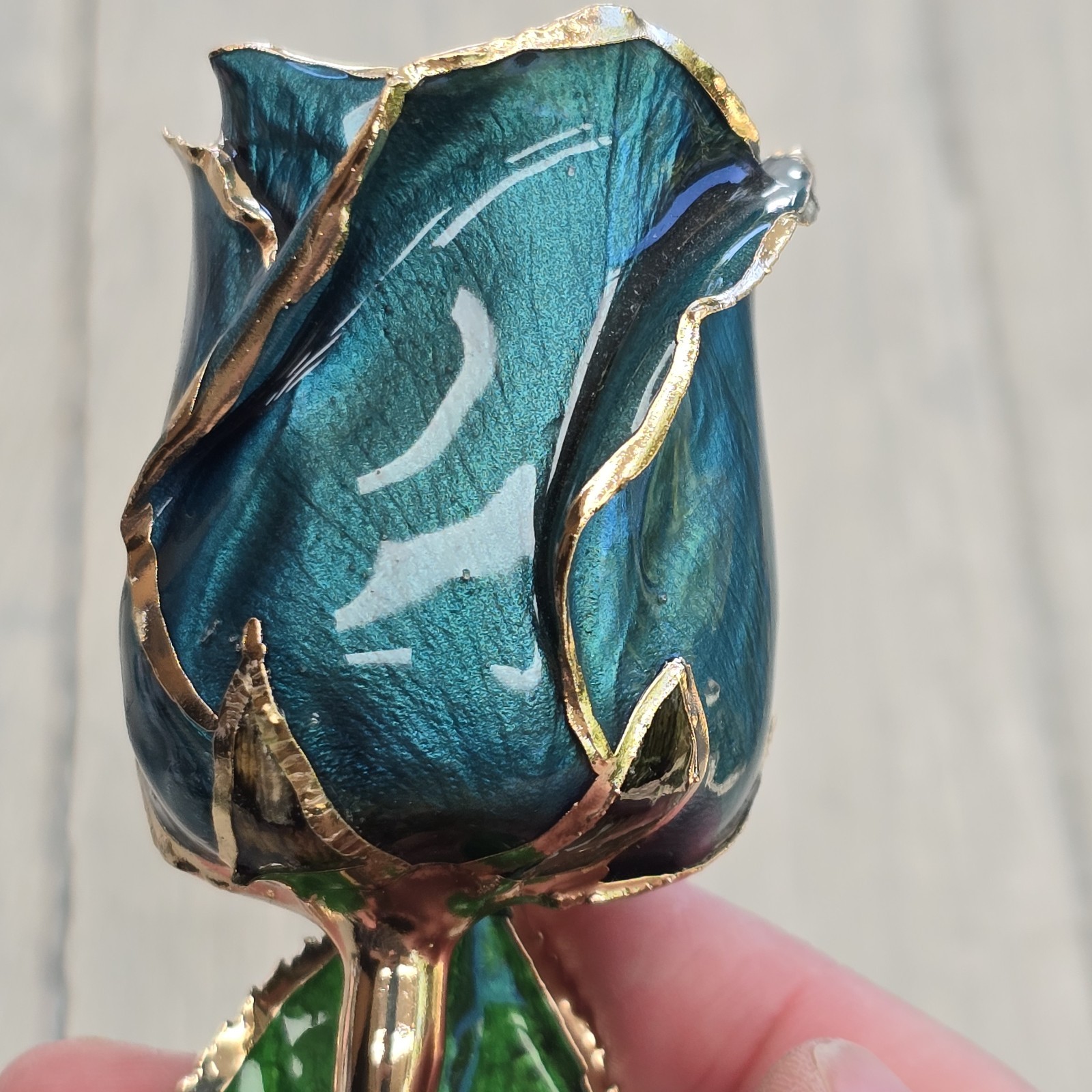 Long Stem Dipped 24k Gold Real Rose Teal Blue Enamel Coated Flower Elegant Decor