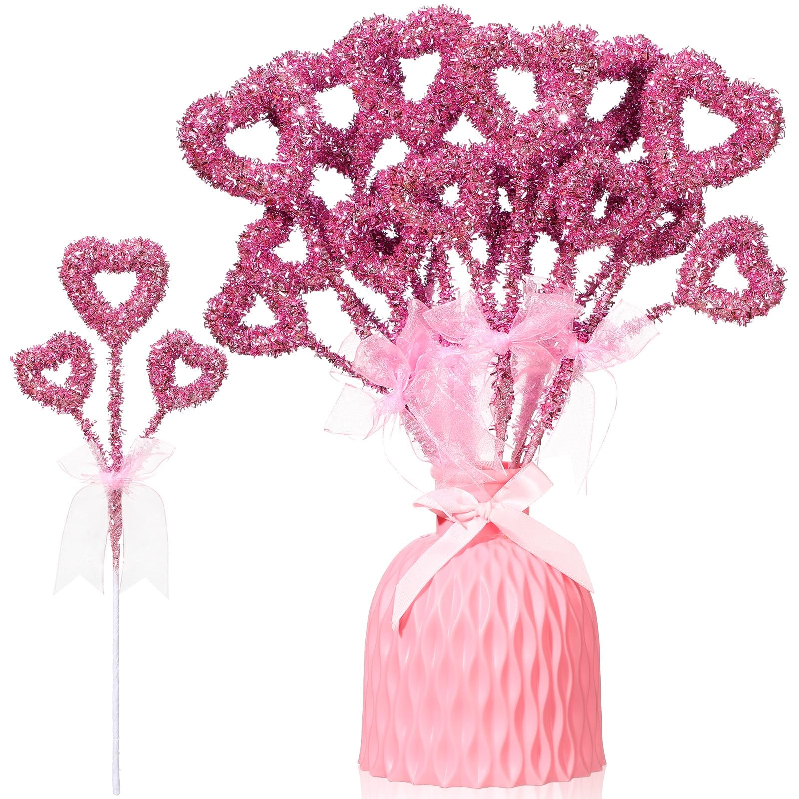 6 PCS 14 Inch Pink Valentine Tree Topper Glitter Tinsel Heart Picks Decor