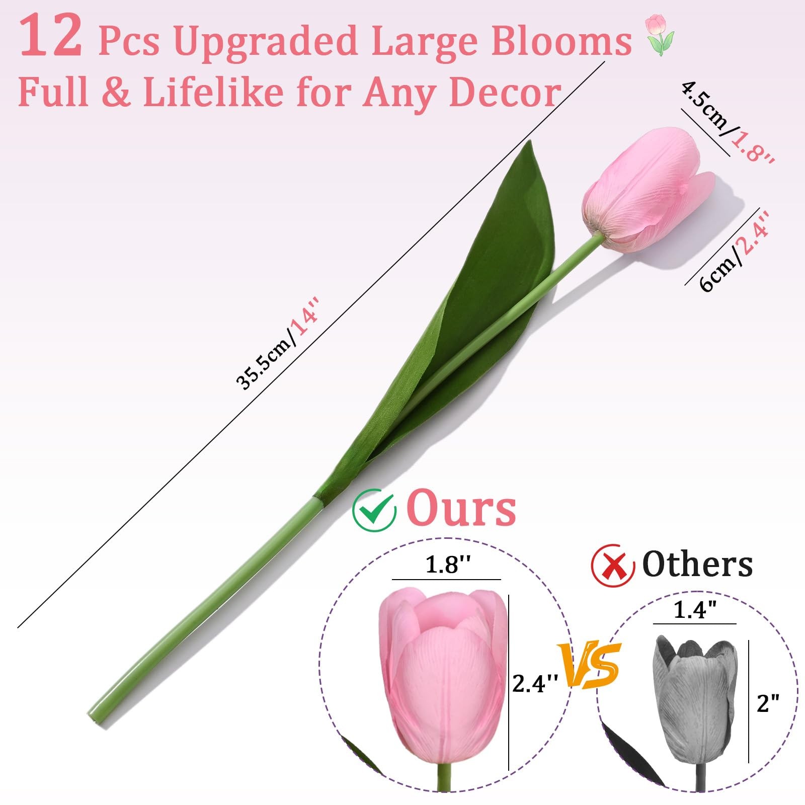 12 PCS Pink Tulips Artificial Flowers Real Touch Fake Bouquet 14″ Decor